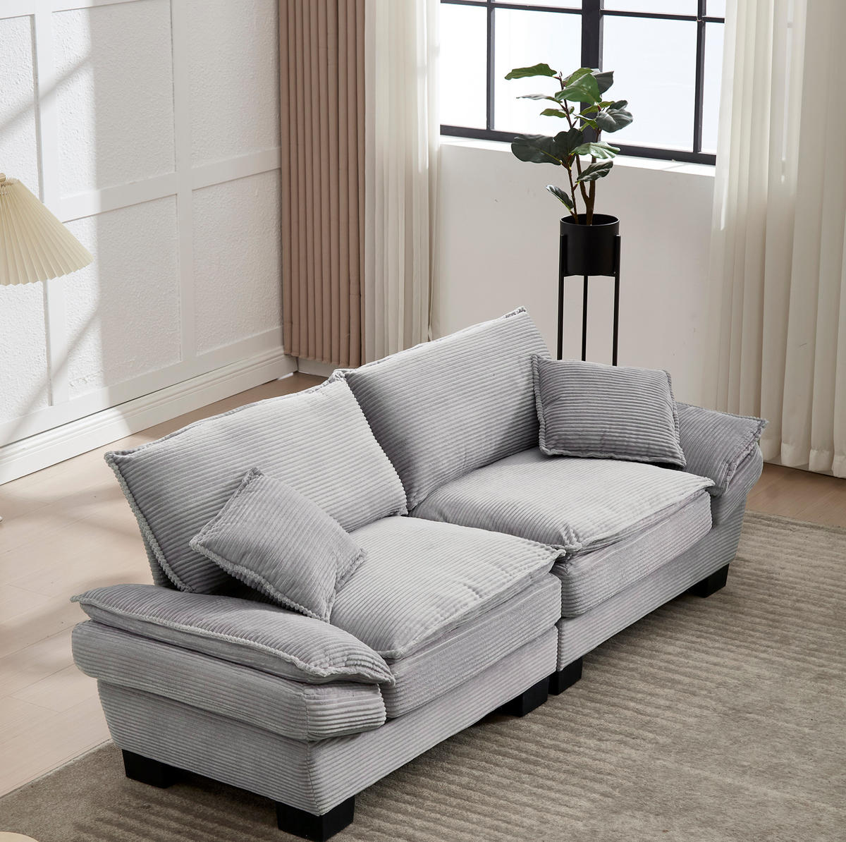 2-SITZER-SOFA aus Samt 224x81x81 cm Hellgrau mit tiefem Sitz, gepolsterten Armlehnen und 2 Kissen - Grau, Textil (81/81/224cm) - Modfu
