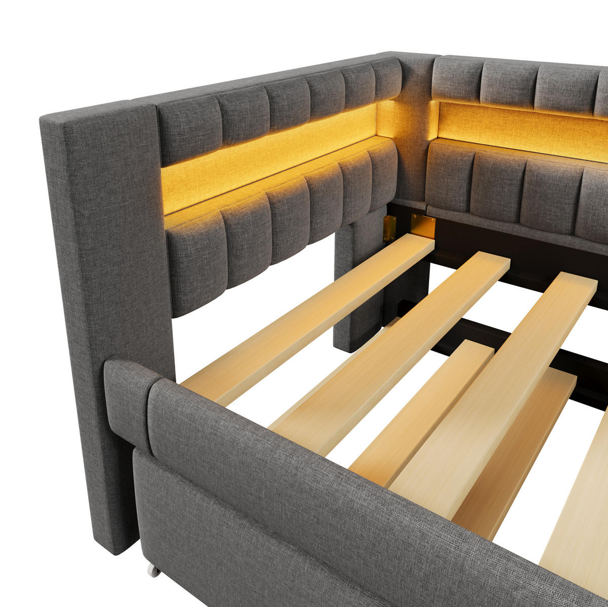 POLSTERBETT 90/200 cm Grau aus Leinen mit Ausziehbett und LED-Beleuchtung - Grau, Textil (90/200cm) - OKMYHOME