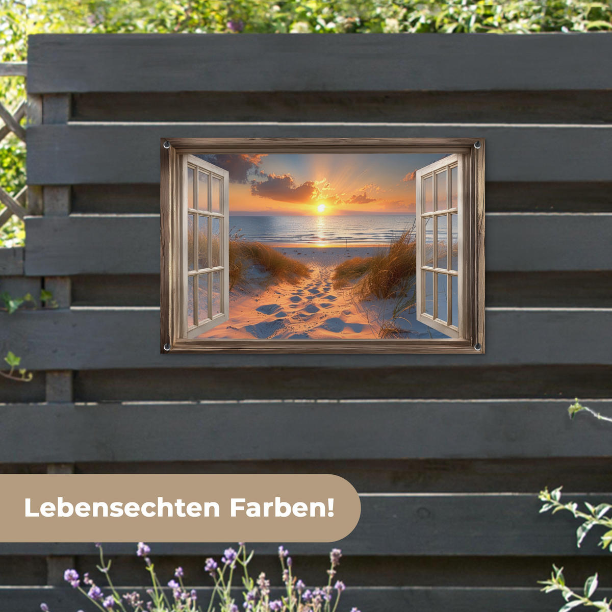 GARTENPOSTER Durchblick - Strand - Dünen - Sonnenuntergang 90x60 cm - Orange, Kunststoff (90/60/0.2cm) - OnlyWow