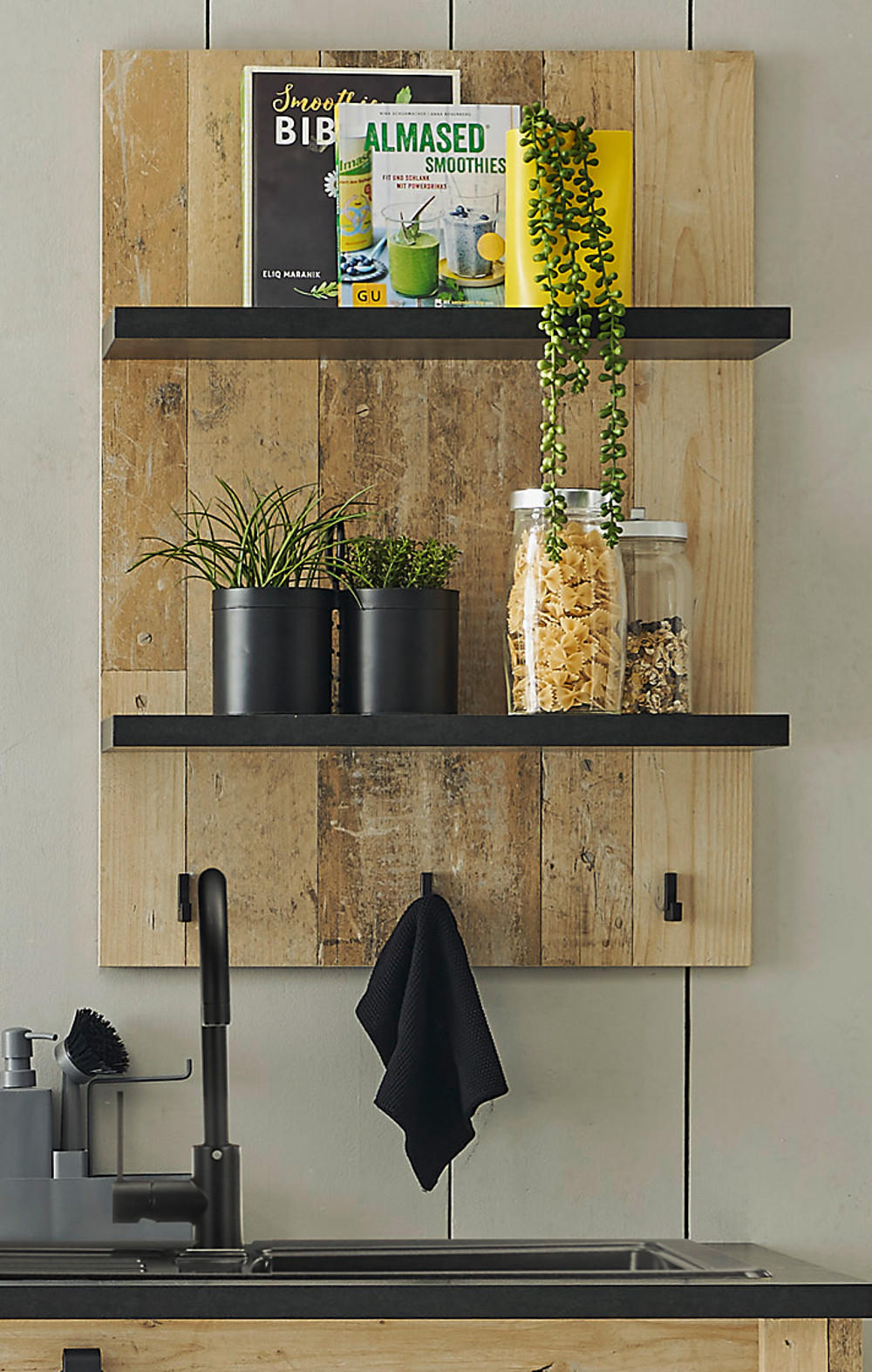 KÜCHENREGAL Used Wood Vintage 60 cm, Gewürzregal mit Ablagen und Haken - Anthrazit/Naturfarben, Holzwerkstoff (60/84/21cm) - Furn.Design