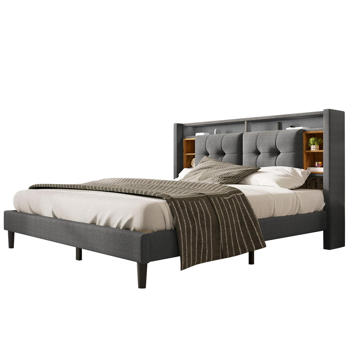 POLSTERBETT 140/200 cm Grau mit Stauraum-Kopfteil und USB-Anschlüssen Ohne Matratze - Grau, Holz (140/200cm) - OKWISH