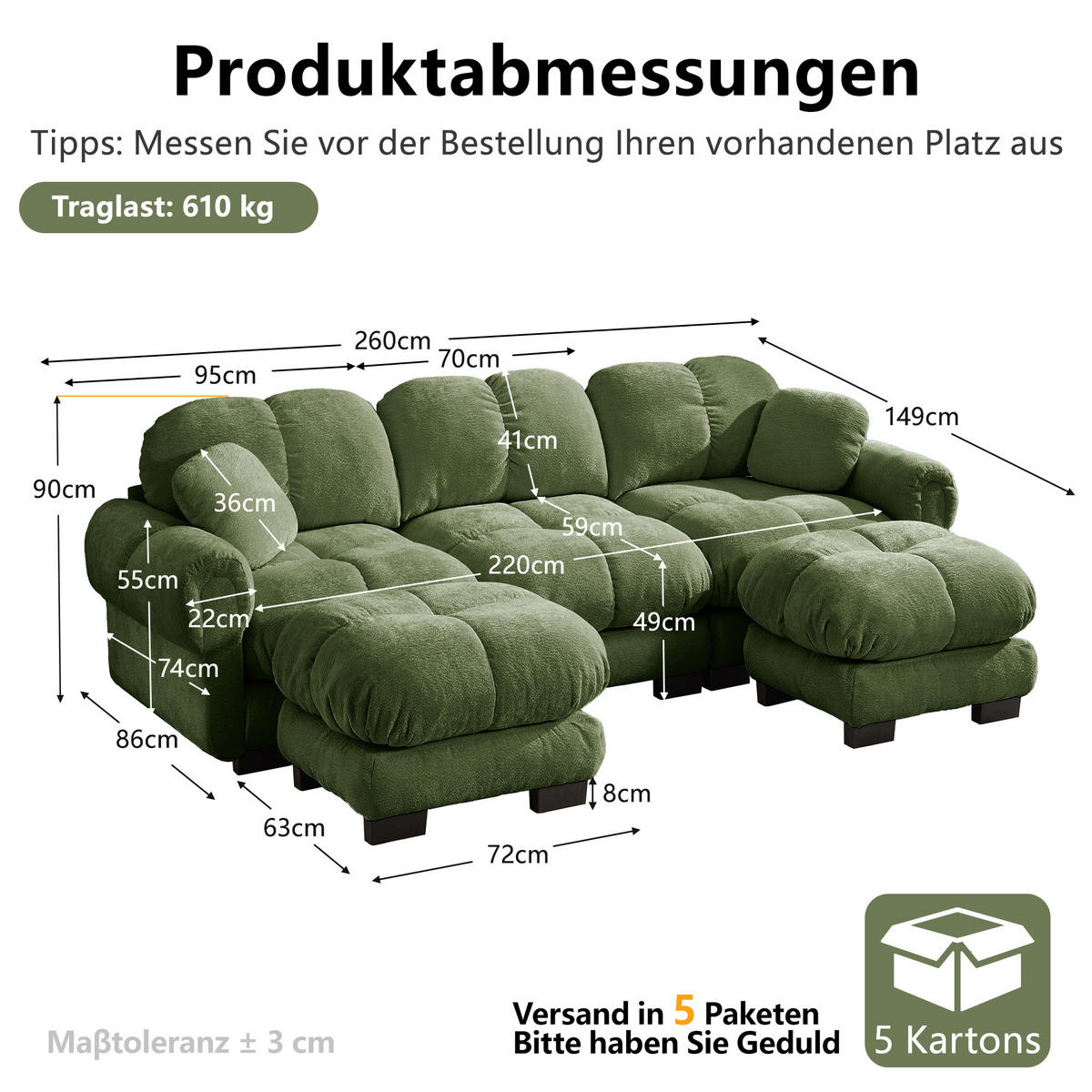 WOHNLANDSCHAFT DE-34384 U-Form mit Ottoman und Steppdesign Grün - Grün, Textil (149/90/260cm) - ComfortXL