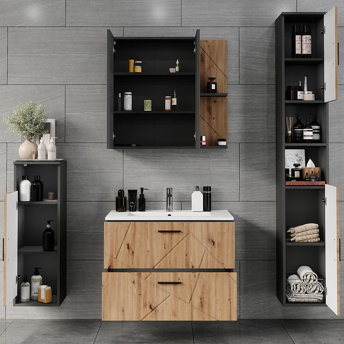BADMÖBEL-SET Irma Anthrazit/Artisan 5 Teile - Anthrazit/Hellgrau, Holzwerkstoff (80/57/44.6cm) - Vicco