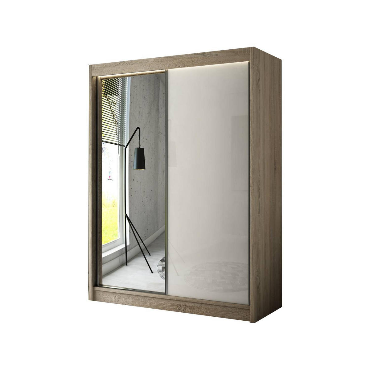 SCHIEBETÜRENSCHRANK ELIS - Weiß/Sonoma Eiche, Holzwerkstoff (150/215/61cm) - Meblini