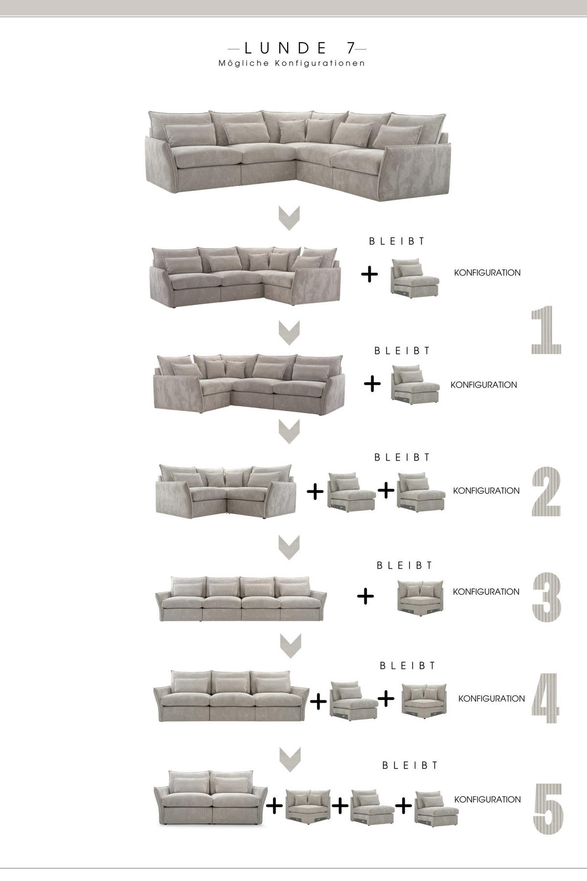 ECKSOFA Modulare Lunde 7, 6 Sitzer, Hellgrau - Hellgrau, Textil (270/270cm) - Meblito