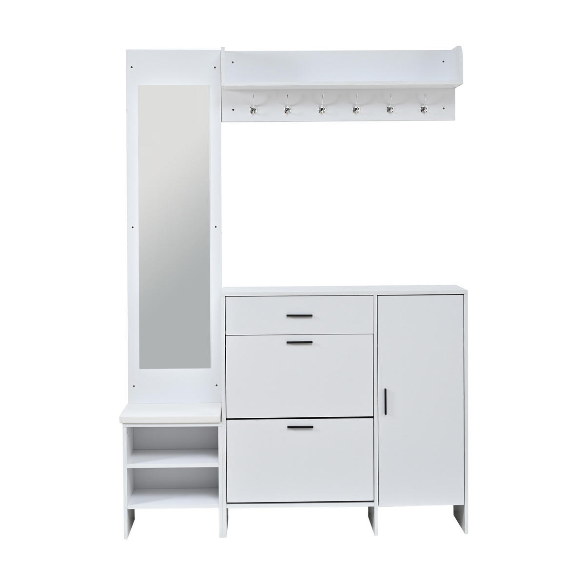 GARDEROBENSCHRANK mit Schuhschrank Spiegel und Schuhwechselbank mit Stauraum Weiß 140/30/200 cm - Weiß, Holzwerkstoff (140/200/30cm) - EVRYAE