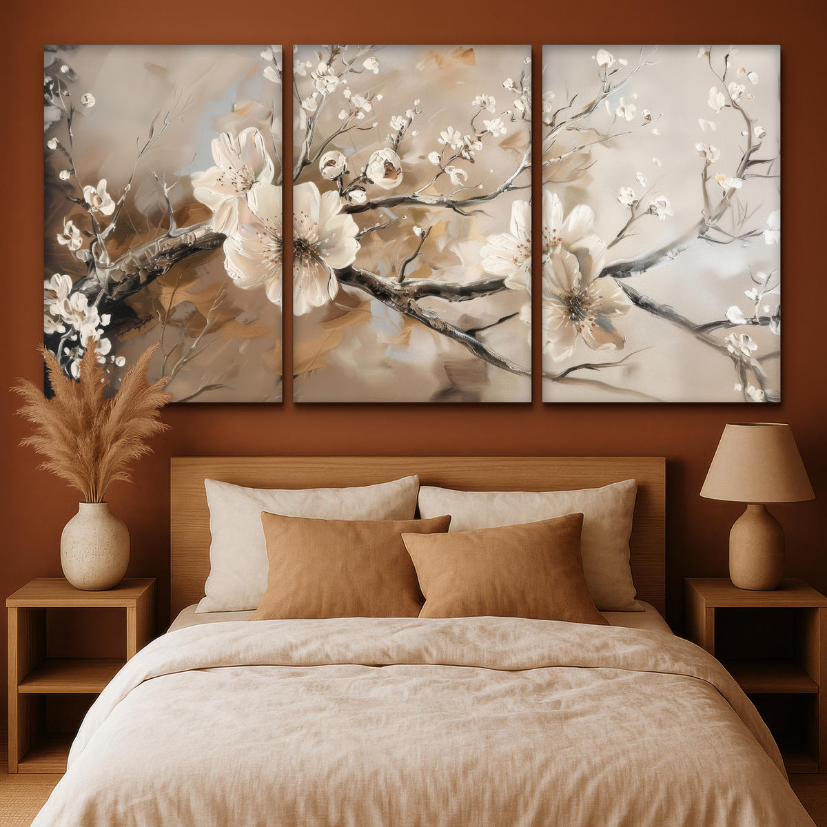 LEINWANDBILD 3er Set Blüte - Beige - Abstrakt - Blumen 240x120 cm - Hellbraun, Textil (240/120cm) - MuchoWow