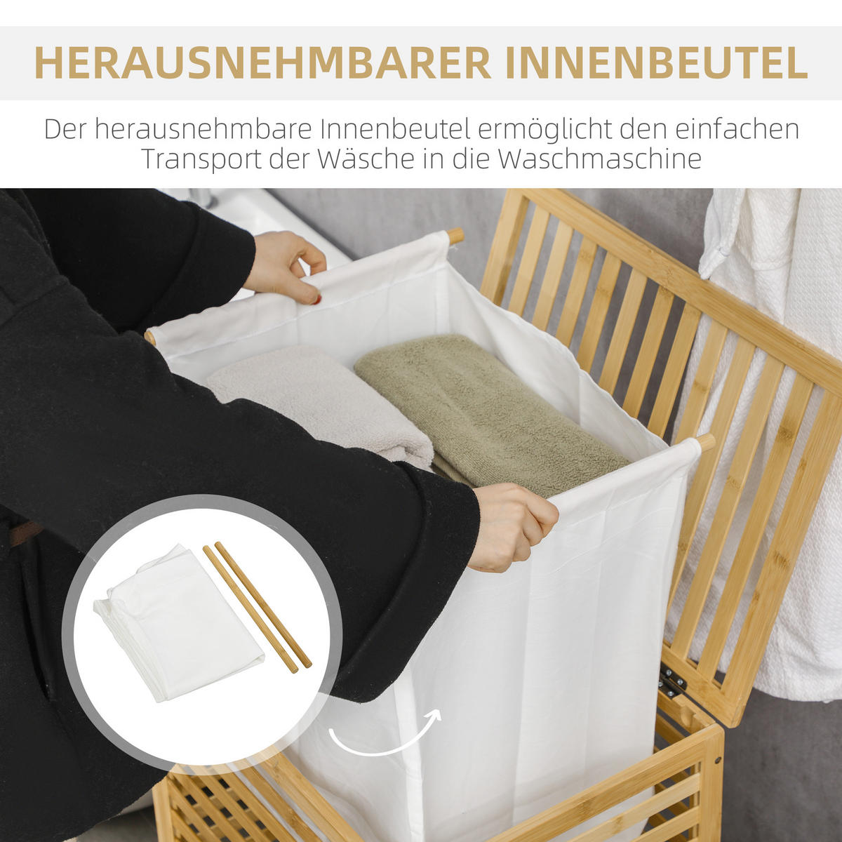 WÄSCHEKORB, Bambus, Vliesstoff Naturholz - Naturfarben, Naturmaterialien (36/60/50cm) - HOMCOM