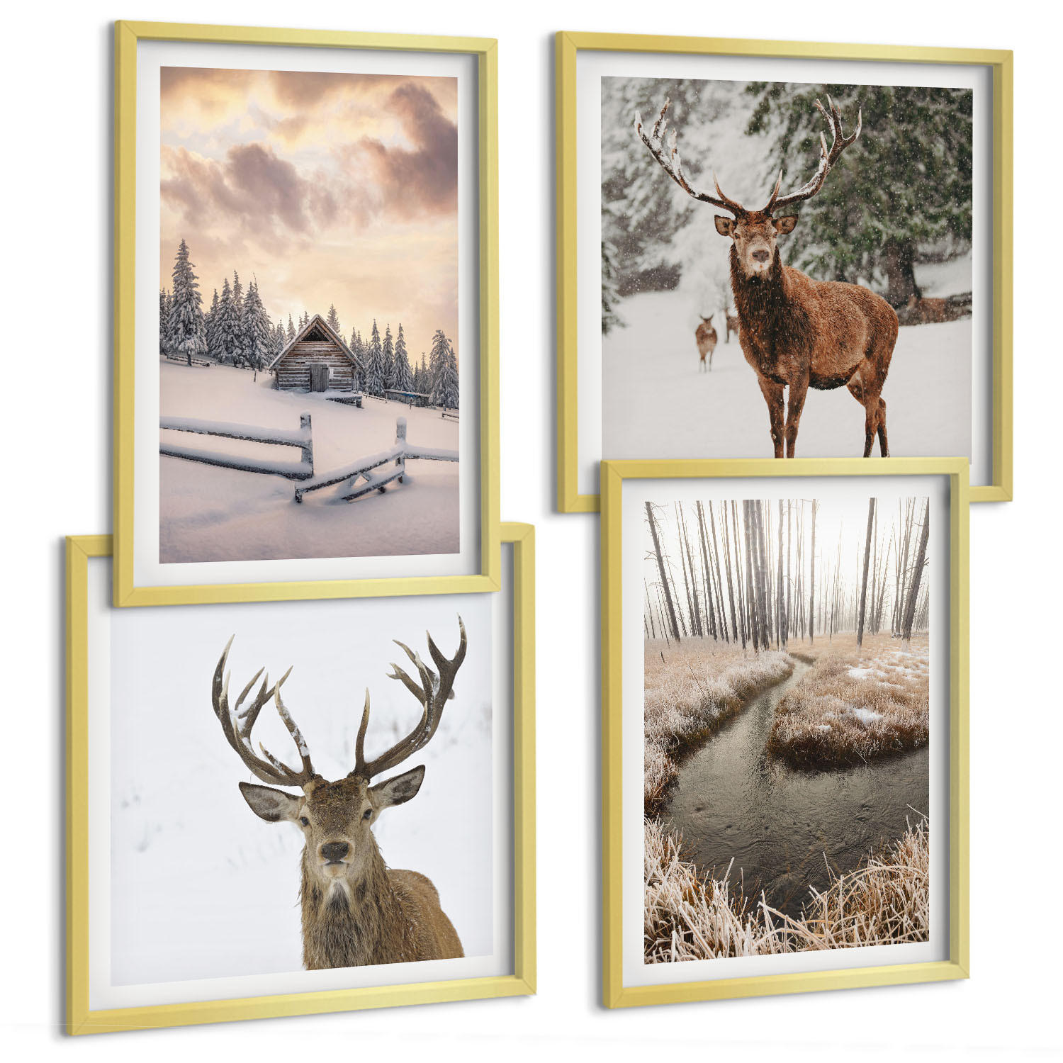BILDER SET 4er Set - 50x50 cm & 40x60 cm Goldrahmen - Winterlandschaft mit Hirschen - Goldfarben, Kunststoff (50/50cm) - TULUP