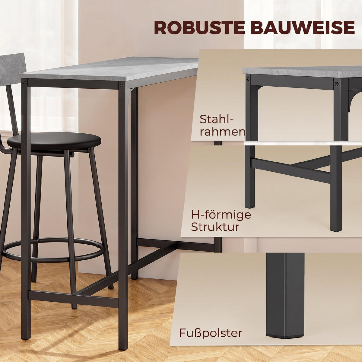BARTISCH-MIT-BARHOCKER-SET 3er Set MDF Stahl Grau - Grau, Metall (40/90.5/100cm) - HOMCOM