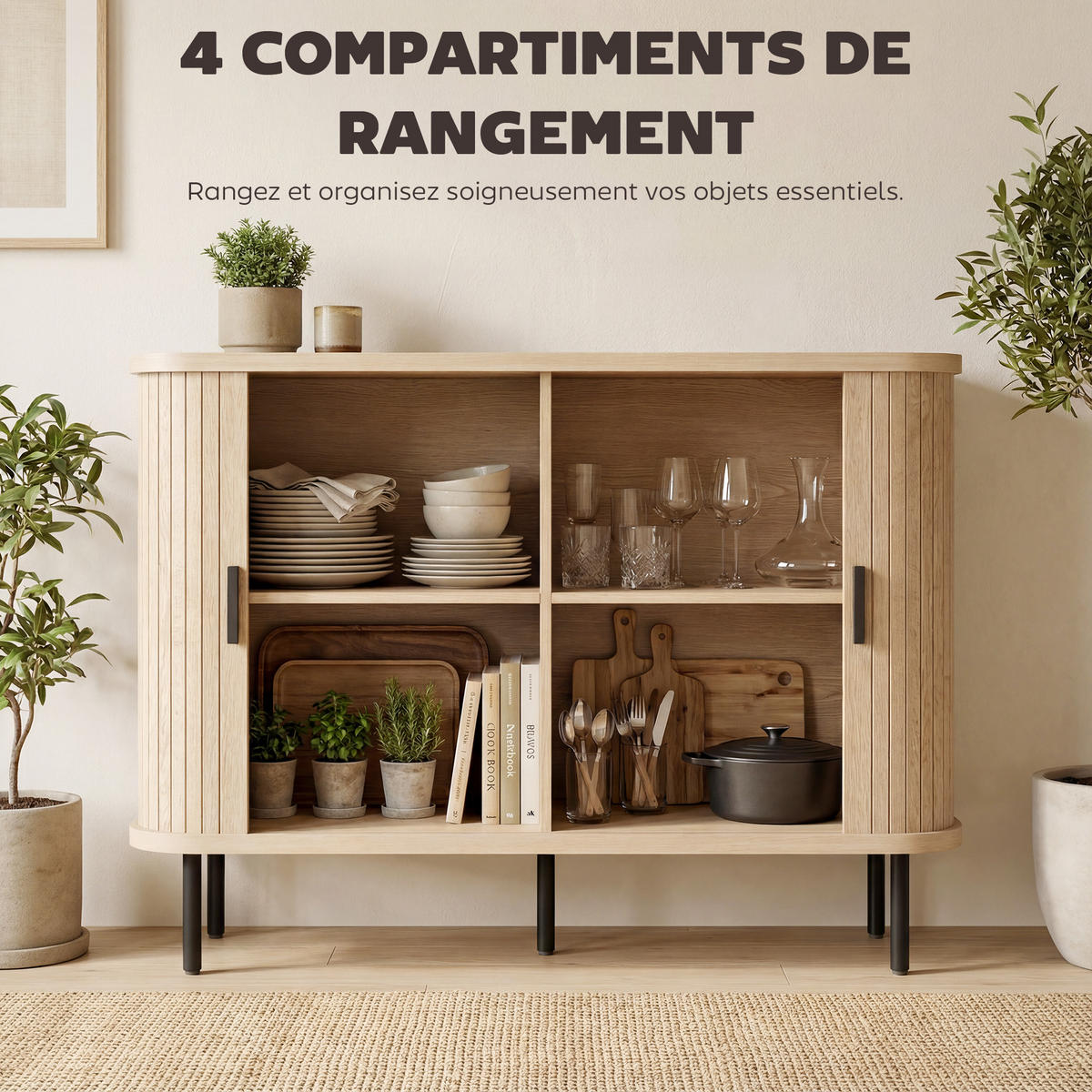 SIDEBOARD DE-11306 2 Schiebetüren Eiche/Schwarz - Eichefarben, Holzwerkstoff (100/75/40cm) - ComfortXL