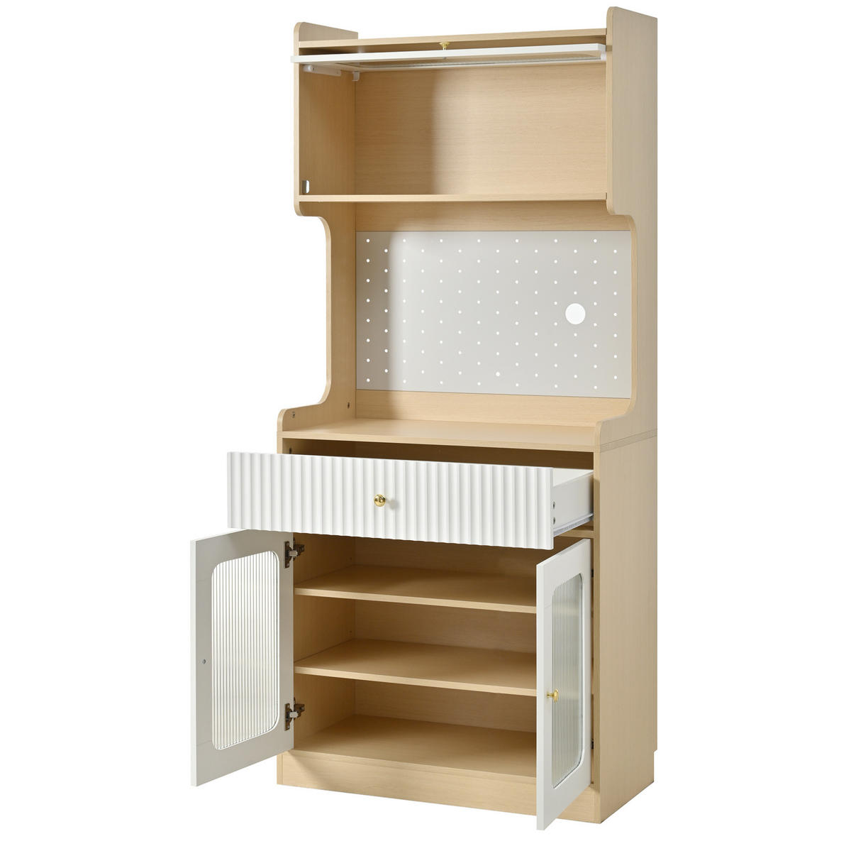 KÜCHENSCHRANK mit LED und Riffelglas 80 x 40 x 180 cm Natur/Weiß - Braun, Holzwerkstoff (40/180/80cm) - Meubliv