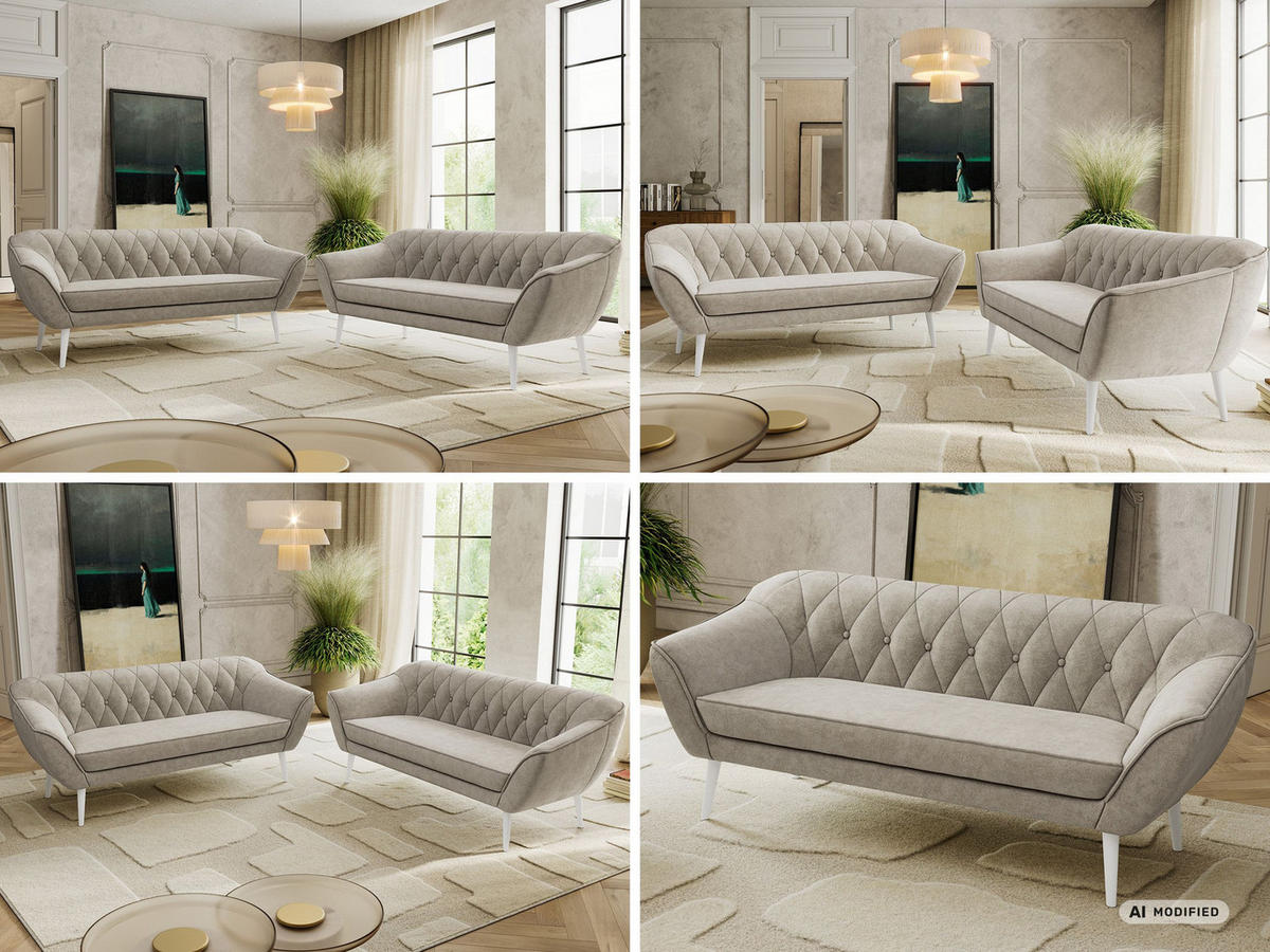 SEDACÍ SOUPRAVA PIRS 3+3 - Šedobéžová Strukturovaná látka - Bílé nohy - bílá/šedobéžová, kompozitní dřevo/textil (180/75/74cm) - MKS