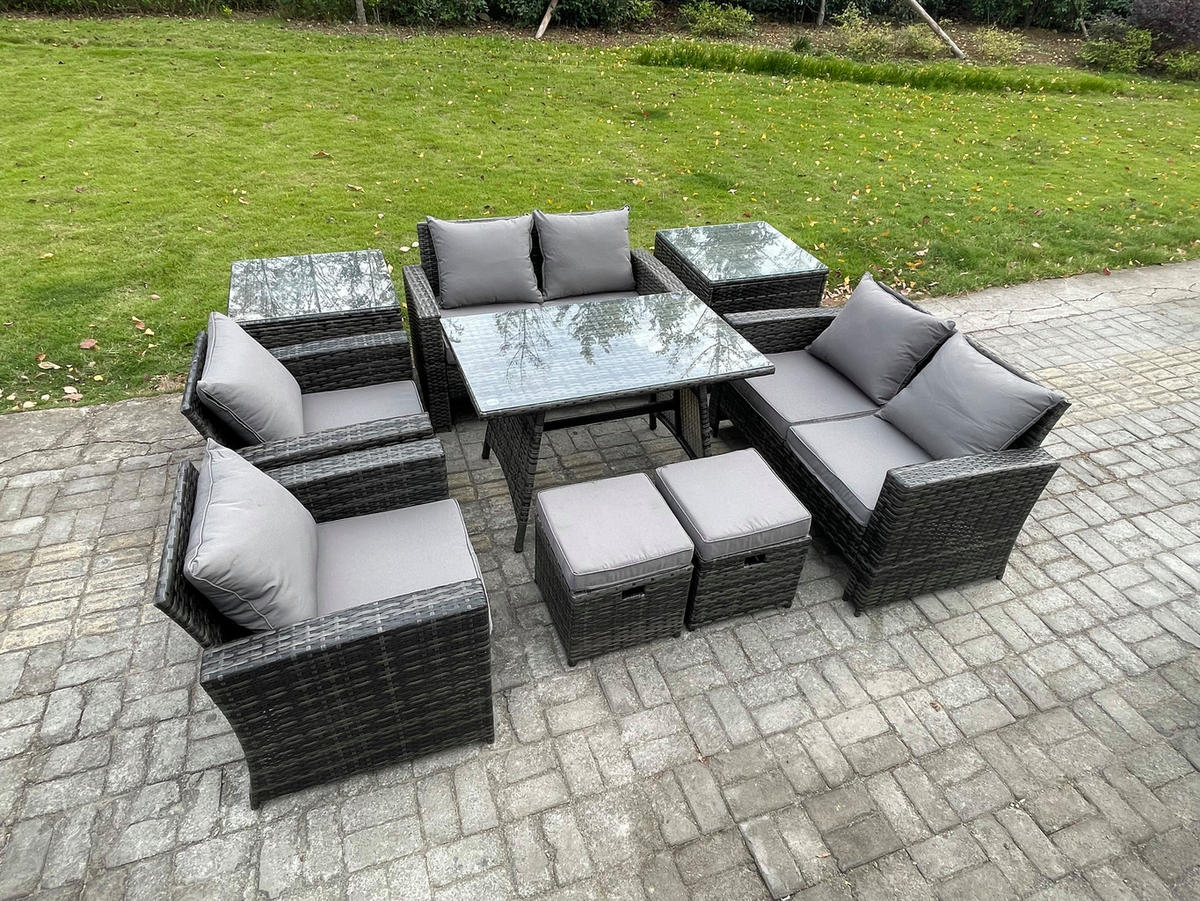 GARTENMÖBELSET mit ESSTISCH,HOCHLEHNER-SOFA Polyrattan Dunkelgrauer Mix 8-Sitzer - Dunkelgrau/Grau, Glas/Kunststoff - Fimous