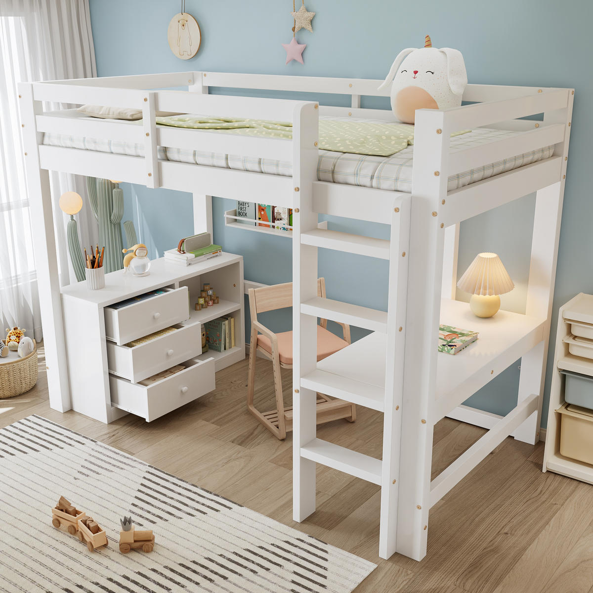 HOCHBETT mit Schreibtisch 90x200 cm Weiß mit Schrank und Regal - Weiß, Holz (90/200cm) - Meubliv