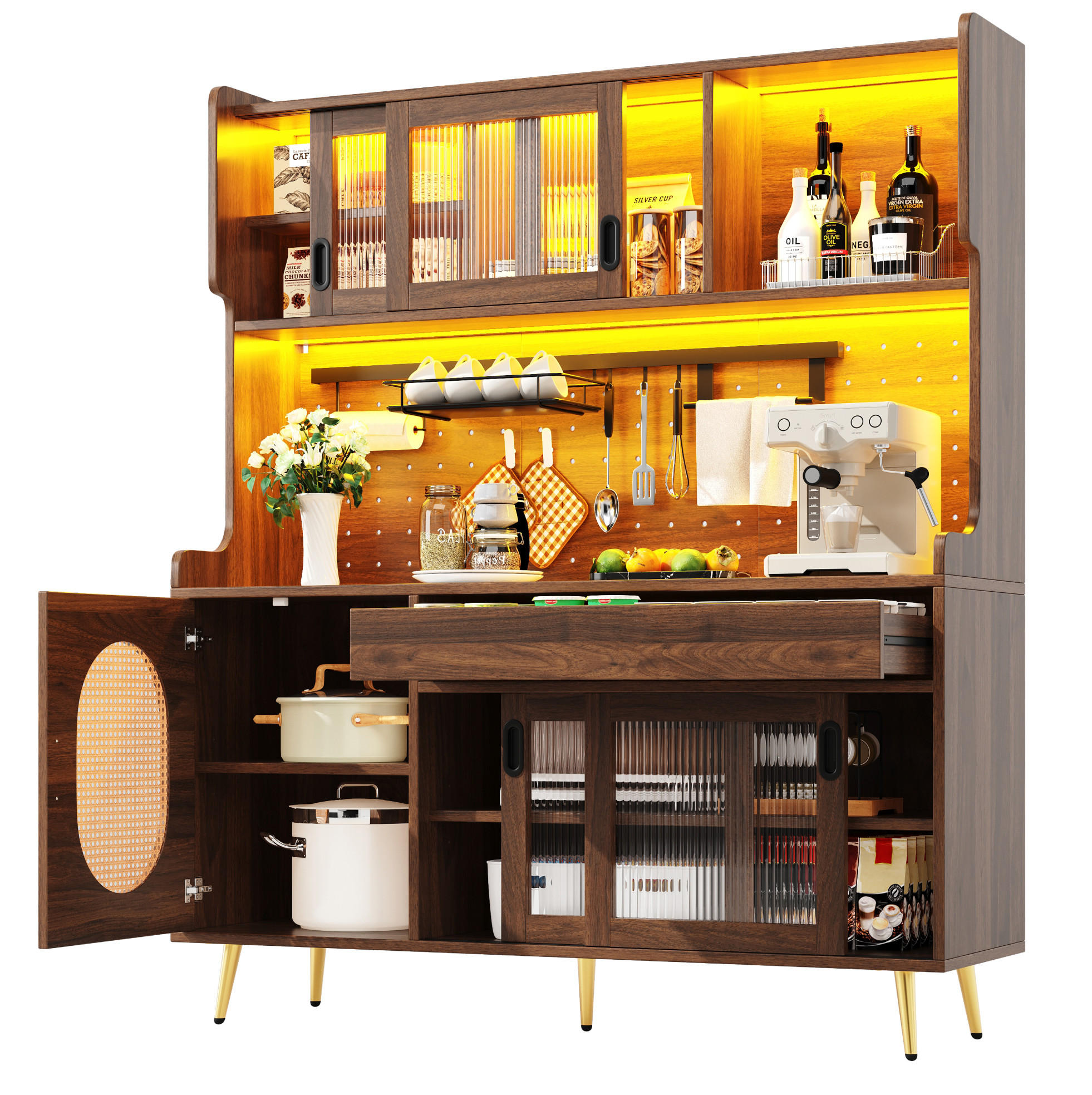 BUFFETSCHRANK 145/39/171 cm braun aus MDF mit LED, Lochplatte und Fluted-Glas-Türen - Braun, Holzwerkstoff (145/171/39cm) - OKWISH