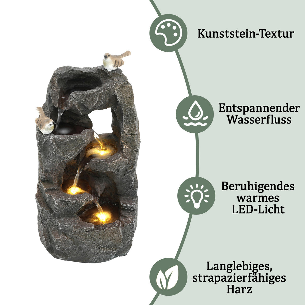 GARTENBRUNNEN LED Steingrau 47cm Zen Außen Terrasse Balkon - Grau, Naturmaterialien (25.5/19/47cm) - FLIEKS
