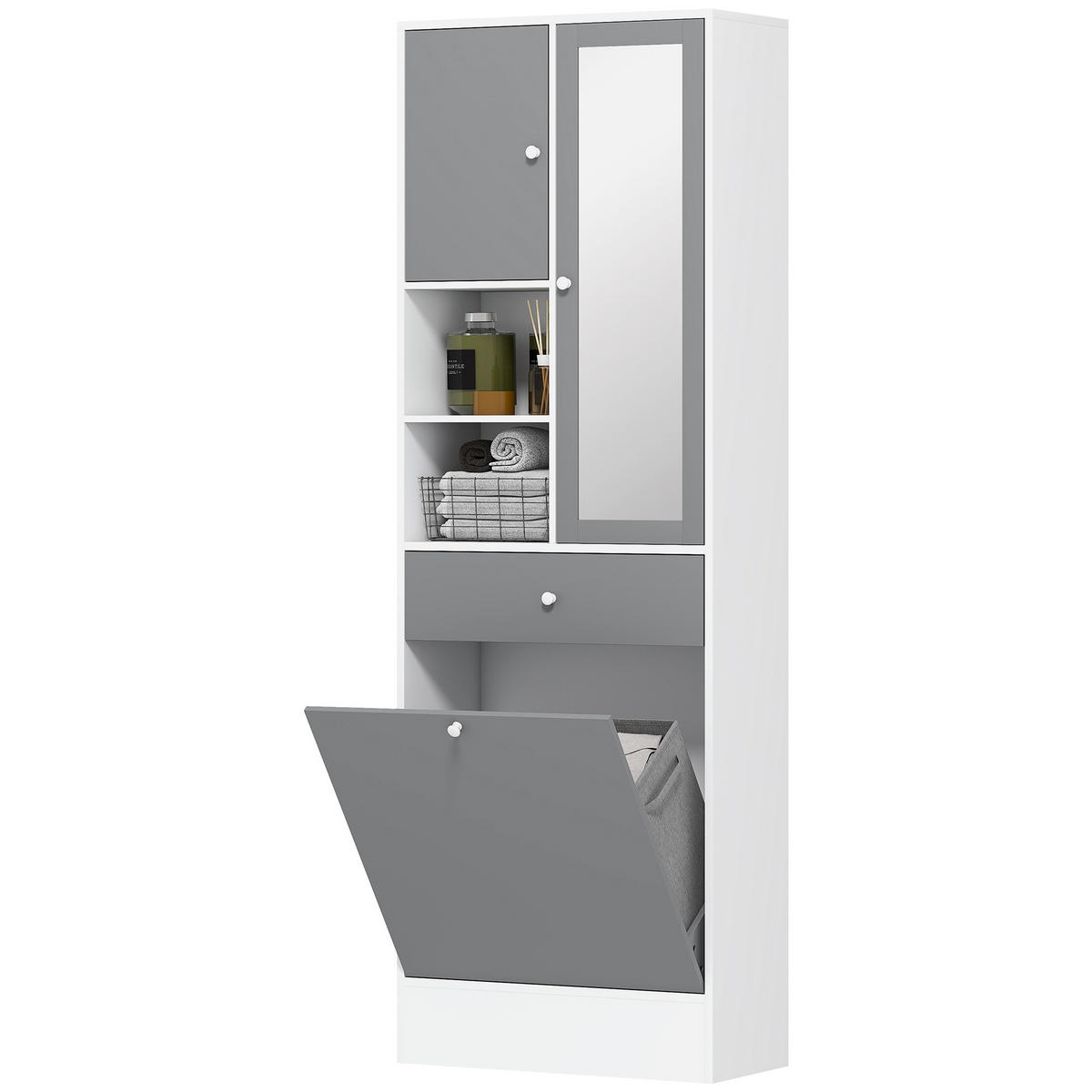HOCHSCHRANK DE-12463 62/28/181 cm mit Spiegel und Wäschekorb Grau - Grau, Holzwerkstoff (62/181/28.3cm) - ComfortXL