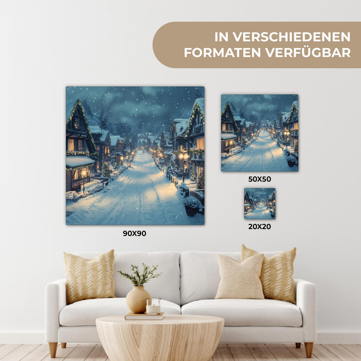 LEINWANDBILD Weihnachtsdorf - Weihnachten - Schnee - Winter 20x20 cm - Dunkelblau, Textil (20/20cm) - MuchoWow