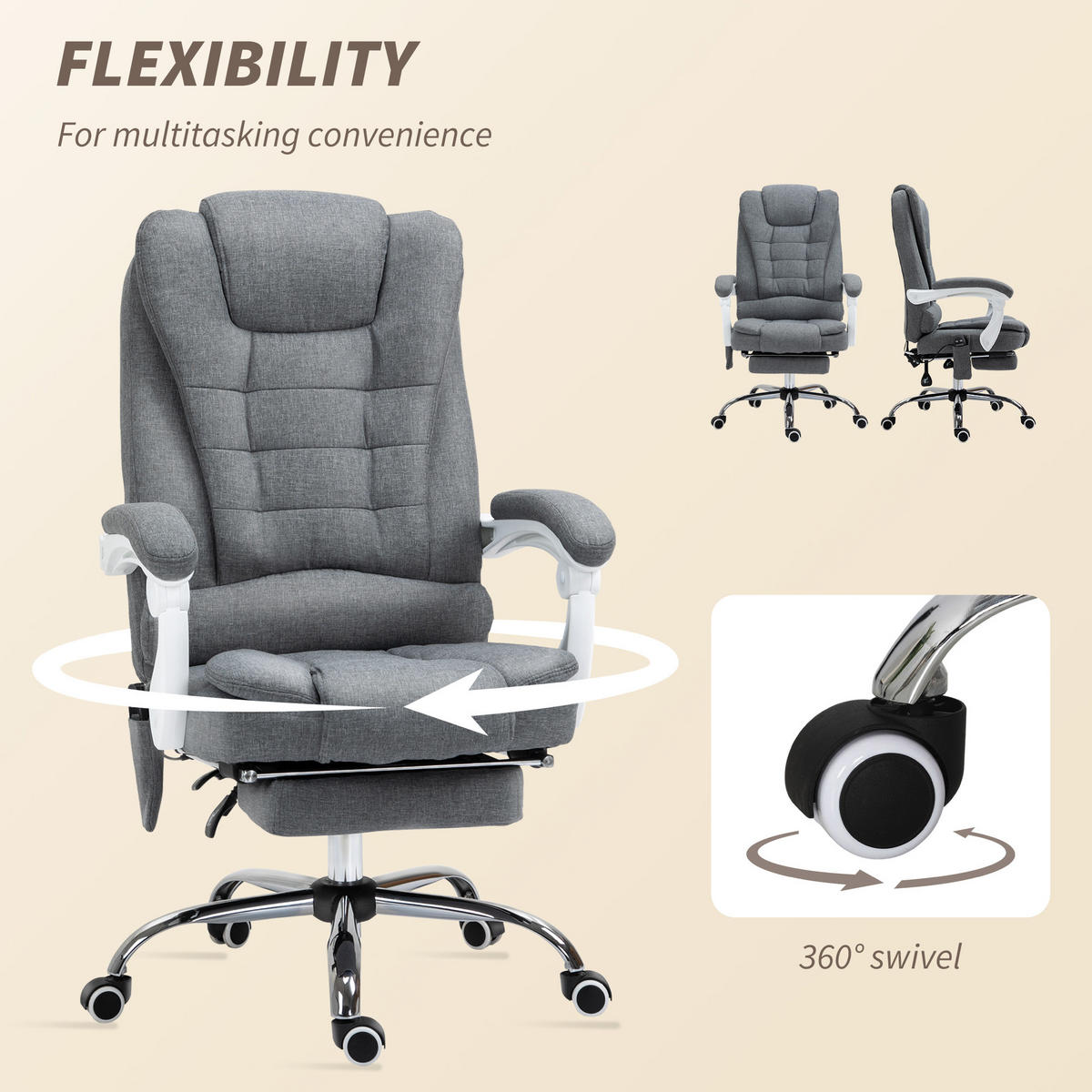CHEFSESSEL mit Massagefunktion, Ergonomischer Schreibtischstuhl mit Liegefunktion - Silberfarben/Grau, Kunststoff/Textil (70/119/65cm) - Vinsetto