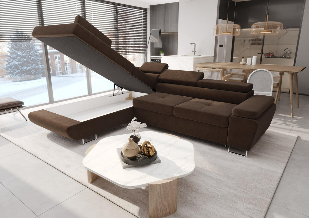 ECKSOFA KONGO RBN04, Eckcouch in L-Form mit Schlaffunktion, Farbe: Gelb, Velourstoff, Ottomane Links - Gelb, Textil (272/200cm) - O-Sofa