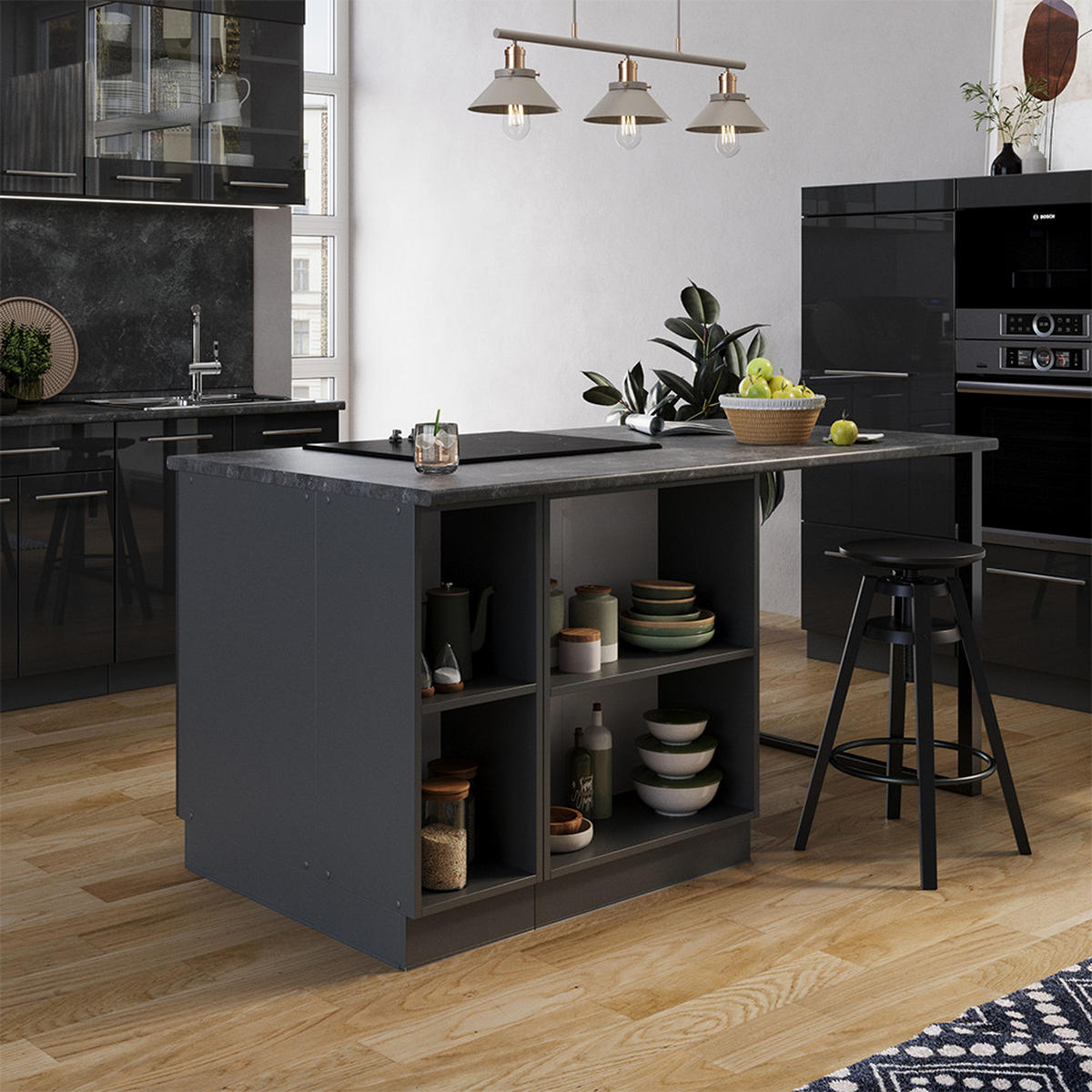 KUCHYŇSKÝ OSTROV Fame-Line Antracitový vysoký lesk - antracitová/vysoce lesklá černá, kompozitní dřevo (90/82/60cm) - Vicco