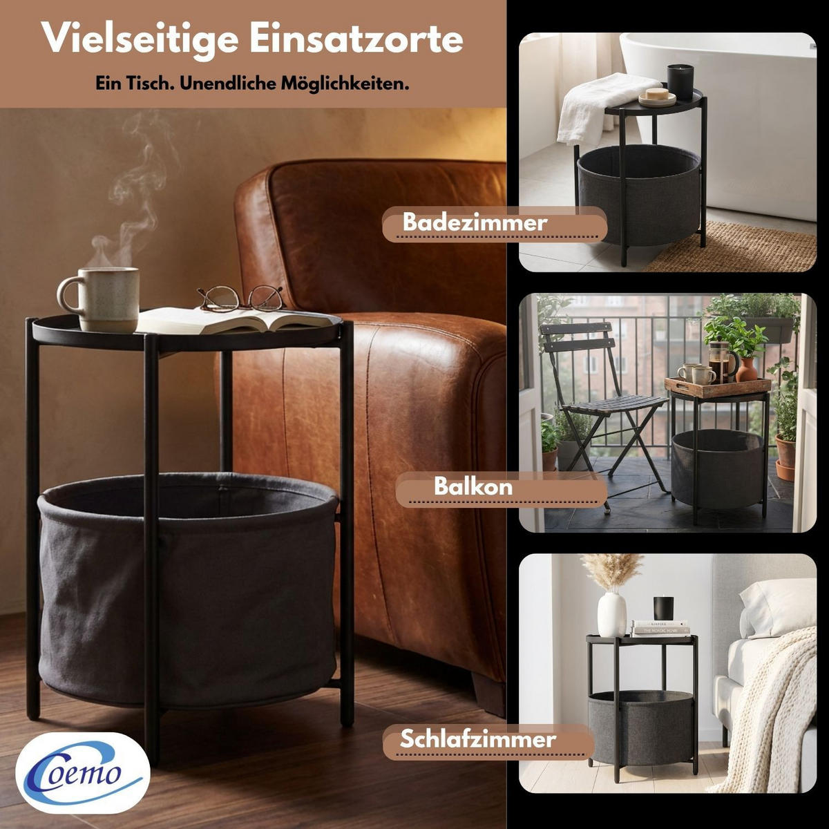 COUCHTISCH NINA Metall mit Aufbewahrungskorb Canvas Schwarz - Schwarz, Metall (45/45/48cm) - Coemo