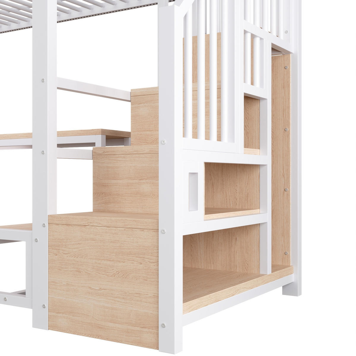 HOCHBETT Metall/MDF 90x200 cm Weiß mit Schreibtisch, Stauraumtreppe, Regalen, Lochwand, LED & USB - Weiß, Holzwerkstoff (90/200cm) - Modfu