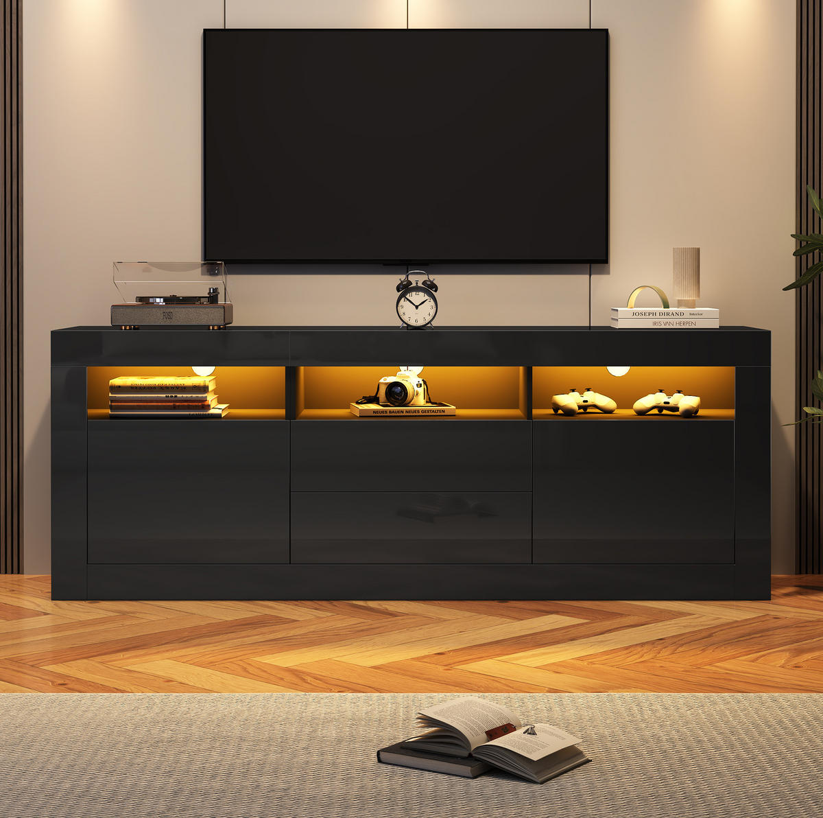 TV-LOWBOARD 160/35/60 cm mit LED-Beleuchtung, Push-to-Open und Kabeldurchlass - Schwarz, Holzwerkstoff (160/60/35cm) - BEAOK