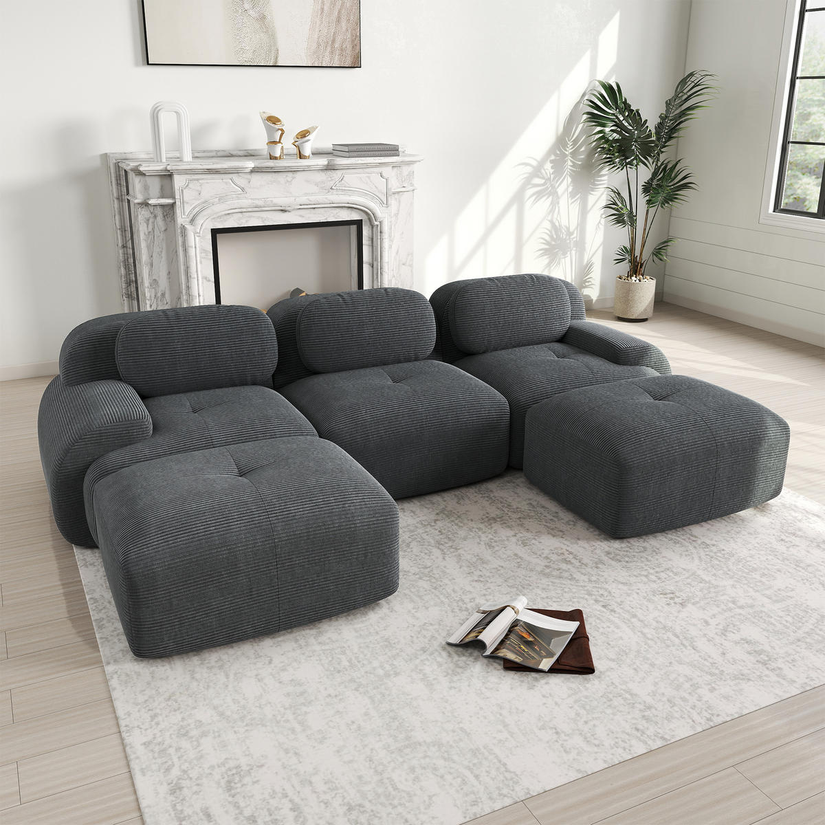 WOHNLANDSCHAFT Cord Grau montagefrei und rutschfest - Grau, Textil (298/75/178cm) - WISHDOR