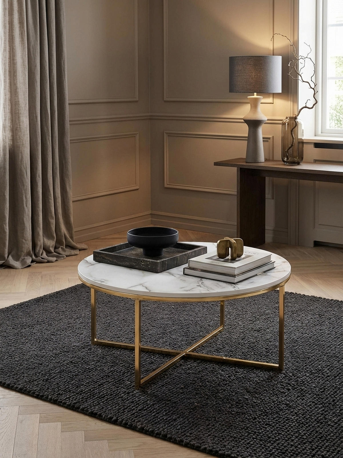 COUCHTISCH mit Marmor-Optik und Hochglanz-Finish, rund, Weiß 80x80x35 cm - Goldfarben/Weiß, Holz/Metall (80/80/35cm) - KADIMA DESIGN