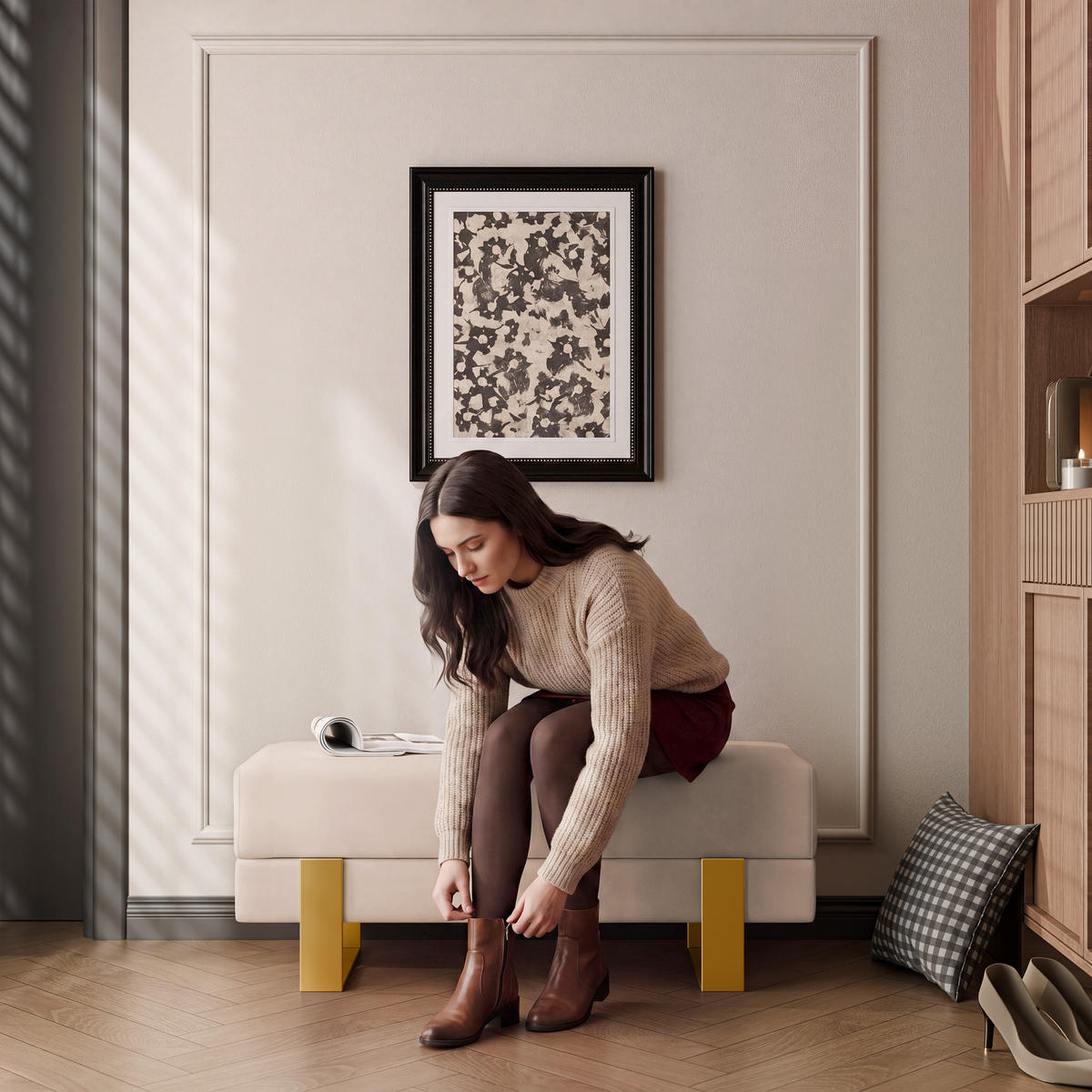 POLSTERBANK RIVA 80 cm Gold / Beige ,Metallgestell - Beige, Metall (80/47/35cm) - Idohome