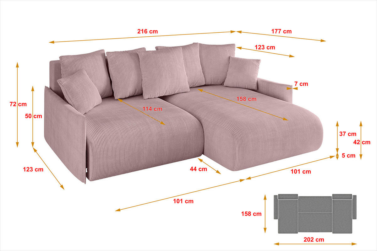 ECKSOFA Ottomane rechts ONESK-L -v1 216x177x72 Rosa Cord - Rosa, Holzwerkstoff/Kunststoff (177/216cm) - ALTDECOR