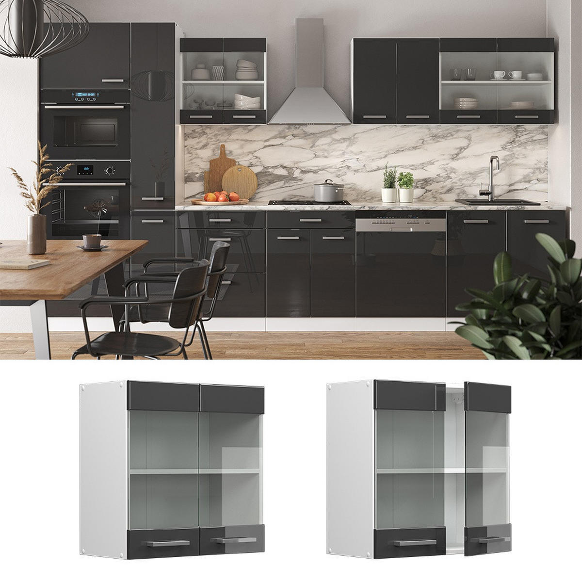 KÜCHENGLASSCHRANK R-Line Anthrazit Hochglanz 60 cm - Schwarz Hochglanz/Weiß Hochglanz, Holzwerkstoff (60/60/31cm) - Vicco