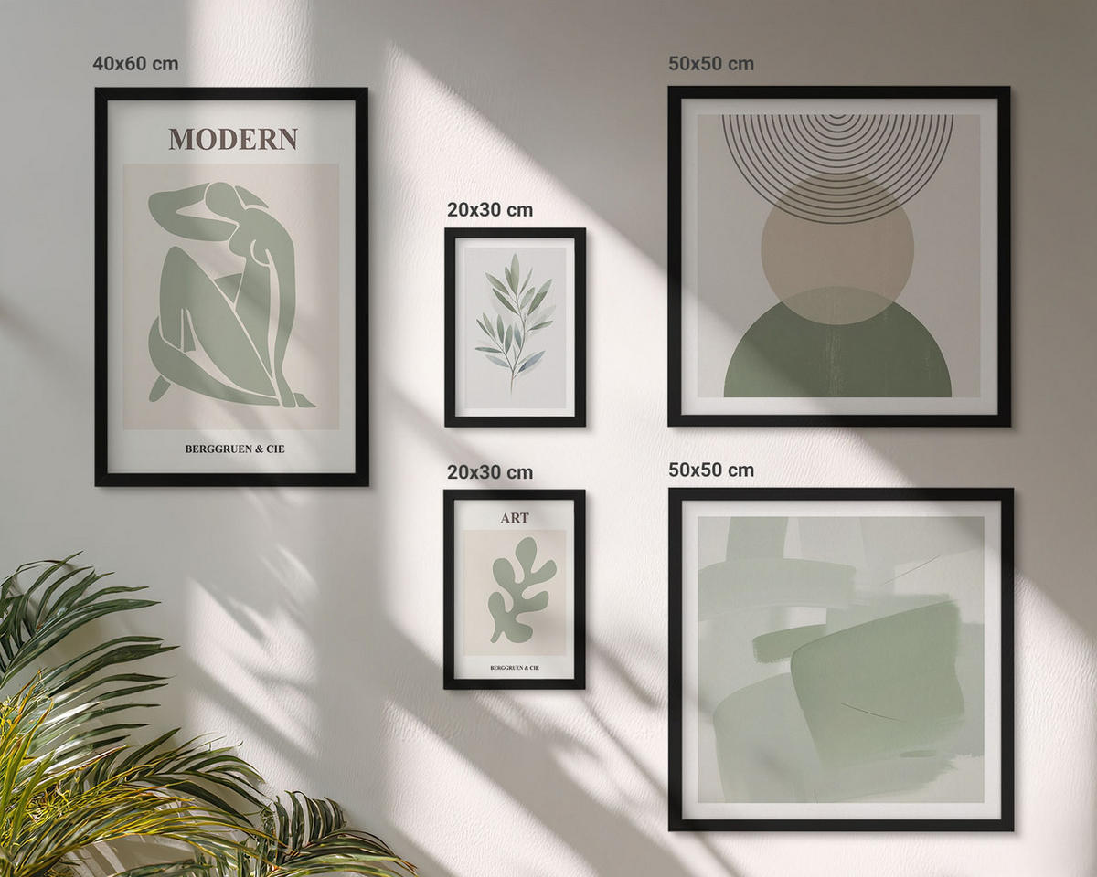 BILDER SET 5er Set - 50x50 cm & 20x30 cm & 40x60 cm Schwarzer Rahmen - Stilvolle abstrakte Pflanzengrafiken - Schwarz, Kunststoff (40/60cm) - TULUP