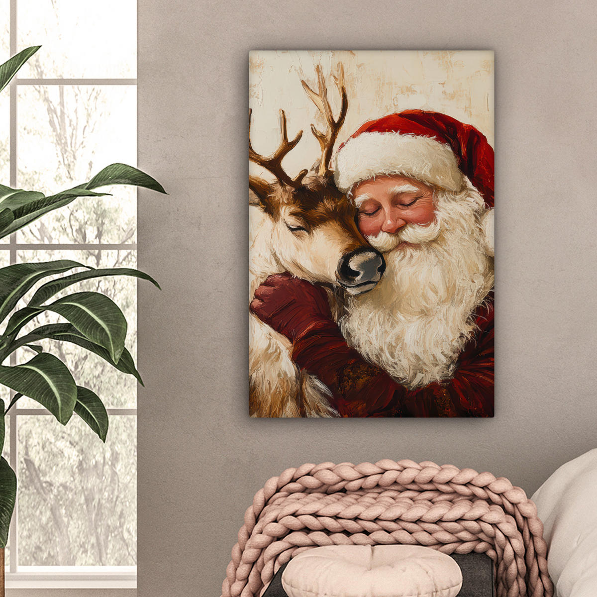 LEINWANDBILD Weihnachtsmann - Rentier - Weihnachten Wanddeko Schlafzimmer 60x90 cm - Rotbraun, Textil (60/90cm) - MuchoWow