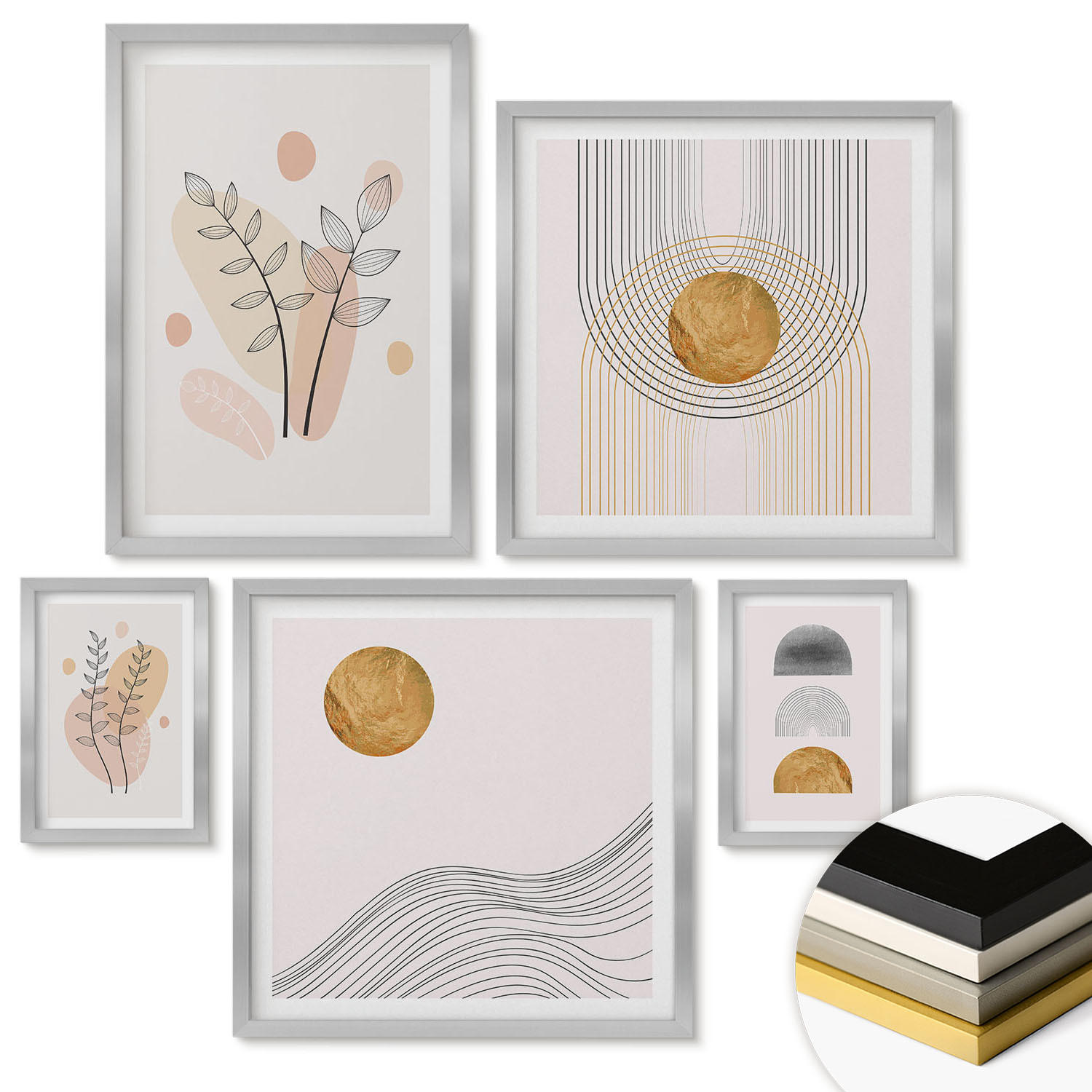 WANDBILDER 5er Set - 50x50 cm & 20x30 cm & 40x60 cm Silberner Rahmen - Berge, Wasserfälle, Vögel, Blumen - Silberfarben, Kunststoff (40/60cm) - ArtPrintCave