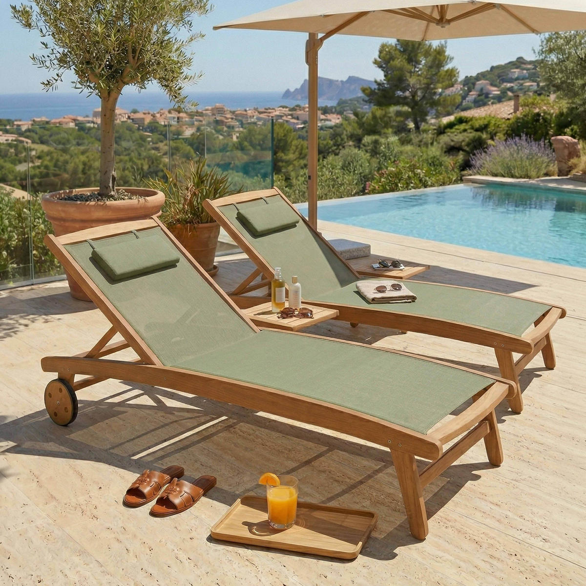 SONNENLIEGE 2-tlg., Salbeigrün - Grün, Holz (69/37/196cm) - Oviala