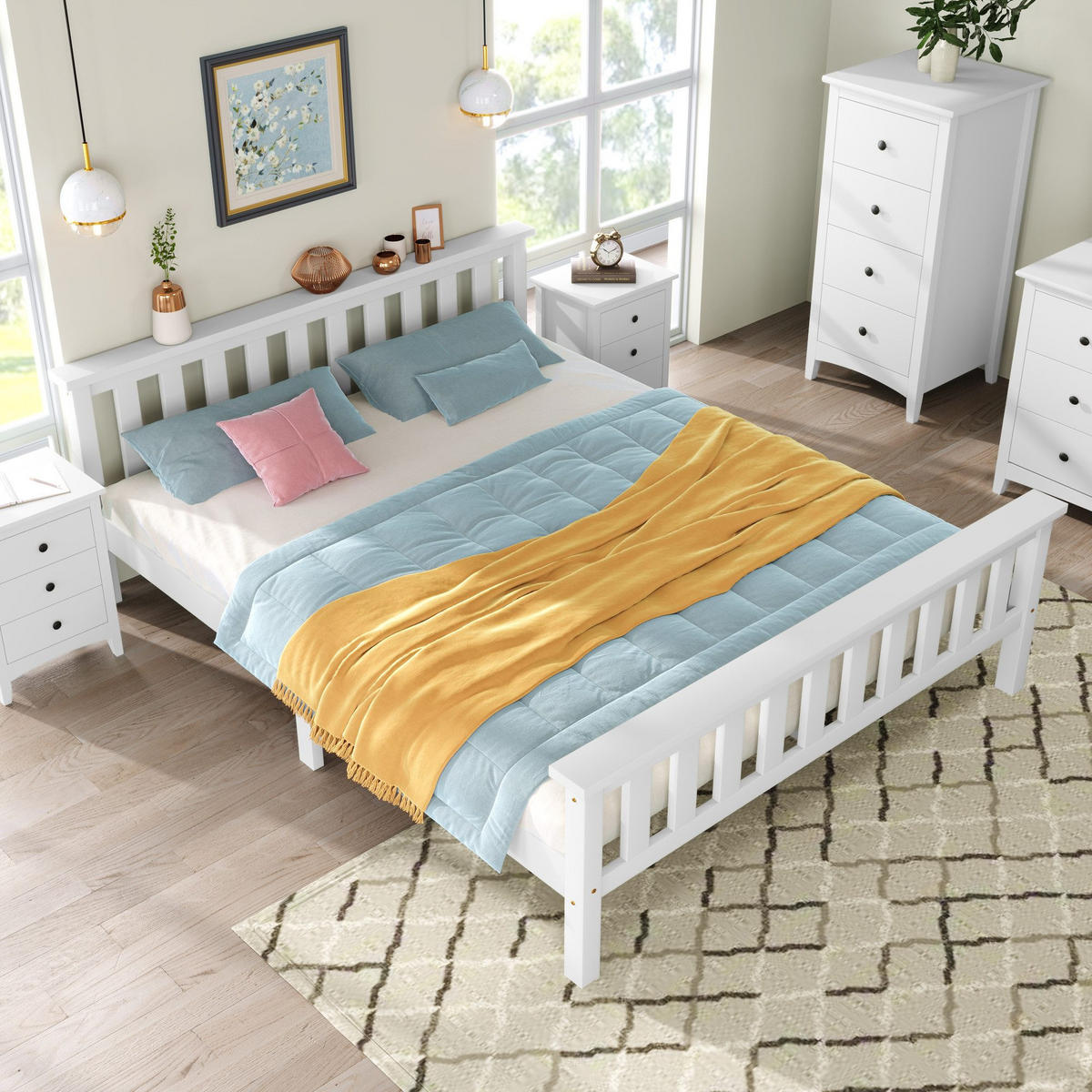 MASSIVHOLZBETT mit Lattenrost Kopfteil Doppelbett 140*200cm - Weiß, Holzwerkstoff (140/200cm)