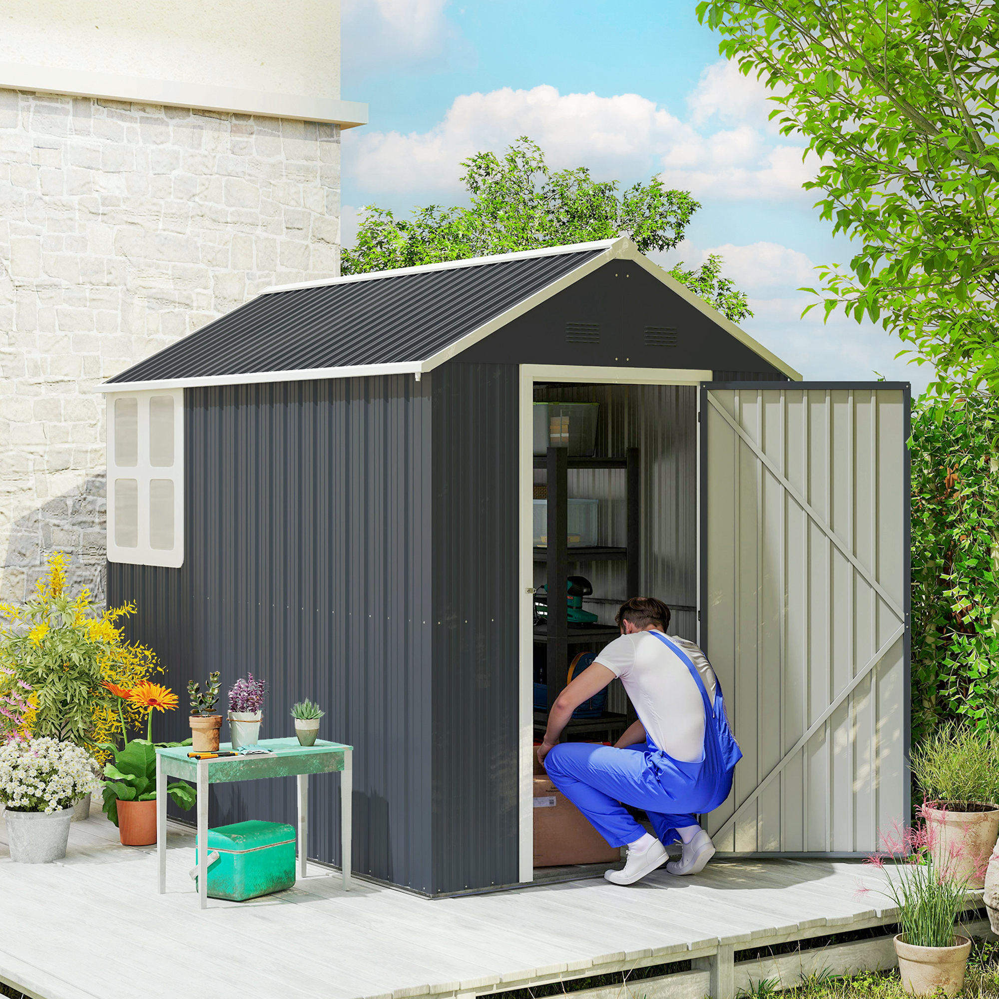 GERÄTEHAUS Stahl 4㎡ Geräteschuppen mit Fenster Gartenhaus 259x172x222 cm - Dunkelgrau, Metall (172/222/259cm) - Outsunny