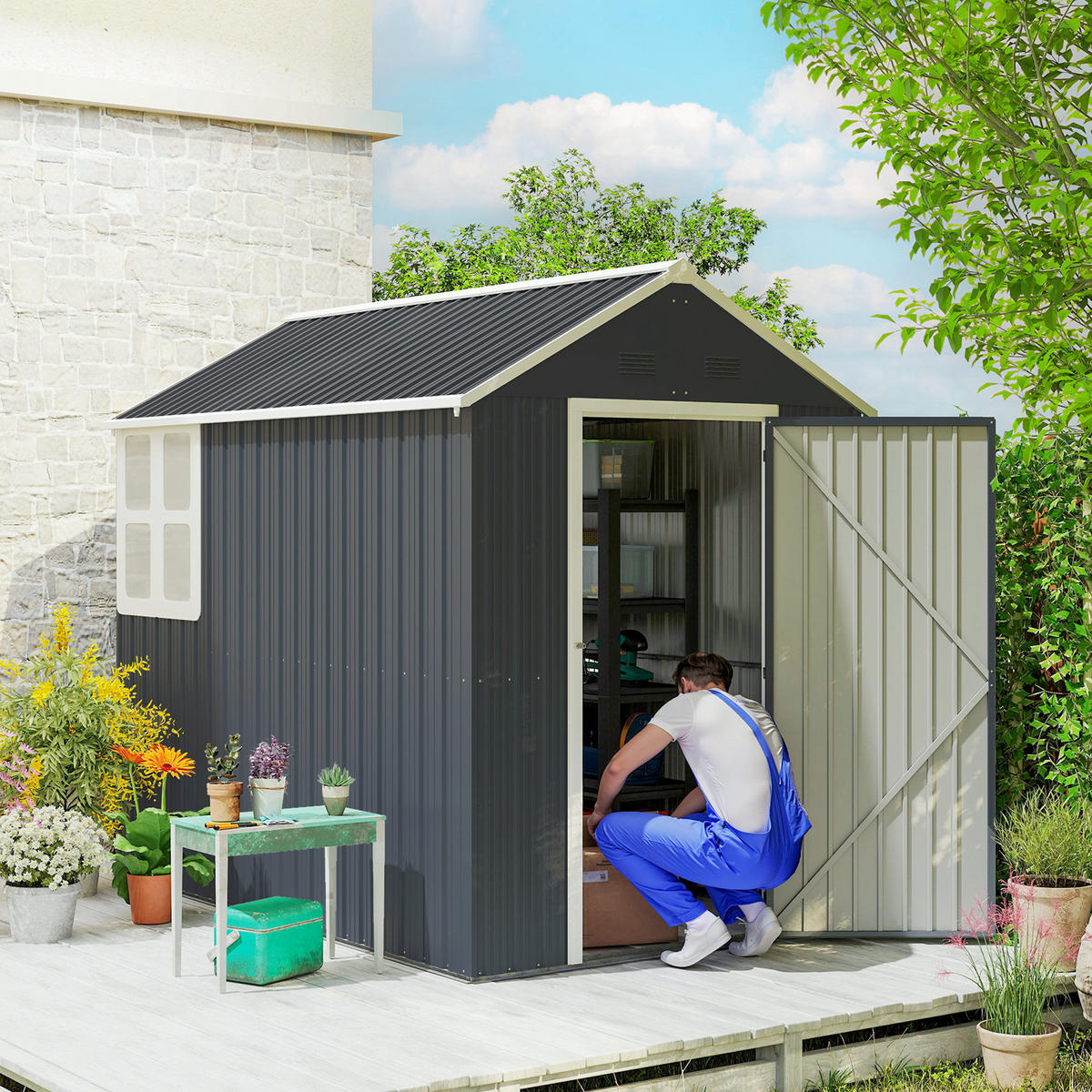 GERÄTEHAUS Stahl 4㎡ Geräteschuppen mit Fenster Gartenhaus 259x172x222 cm - Dunkelgrau, Metall (172/222/259cm) - Outsunny