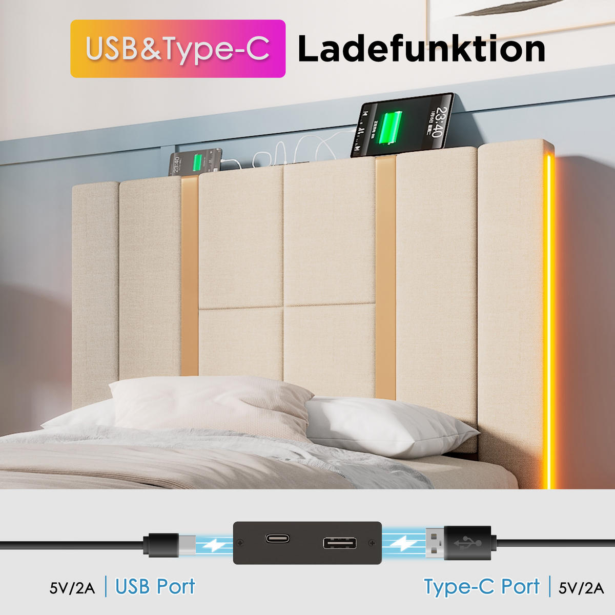 POLSTERBETT 90/200 cm in Beige mit Bettkasten, LED, USB und Type-C Leinen - Beige, Holzwerkstoff/Textil (90/200cm) - STILVORA