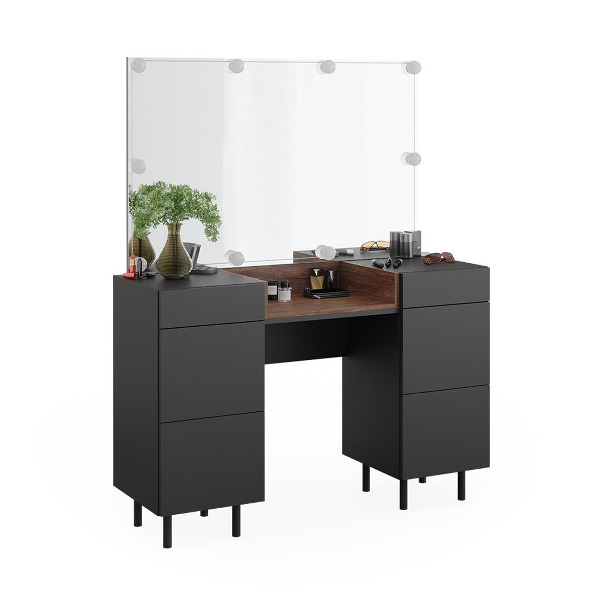 SCHMINKTISCH Anika Anthrazit 120 cm mit LED Beleuchtung - Anthrazit/Walnussfarben, Holzwerkstoff (120/80/40cm) - Vicco