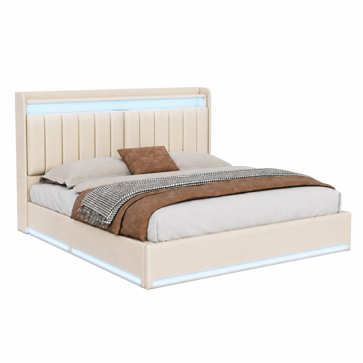 POLSTERBETT 160/200 mit LED-Leuchten, Stauraumkopfteil und USB-Ladeanschluss, modernes Schlafzimmerbett - Beige, Holz/Metall (160/200cm) - Joyfair