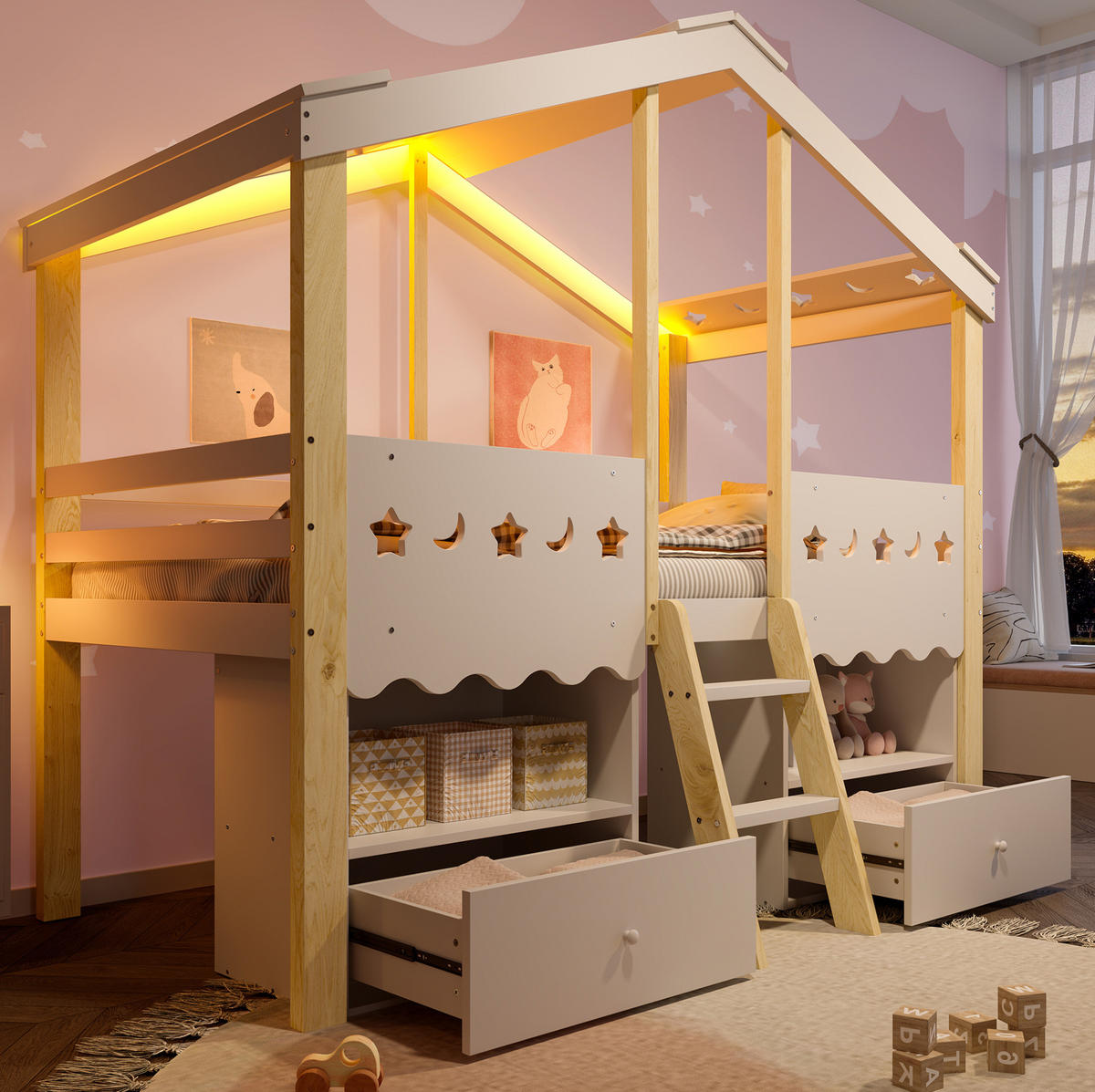 HOCHBETT 90/200 cm in Hausform mit LED-Beleuchtung und 2 Schubladen - Weiß, Holz (90/200cm) - Flora Grace