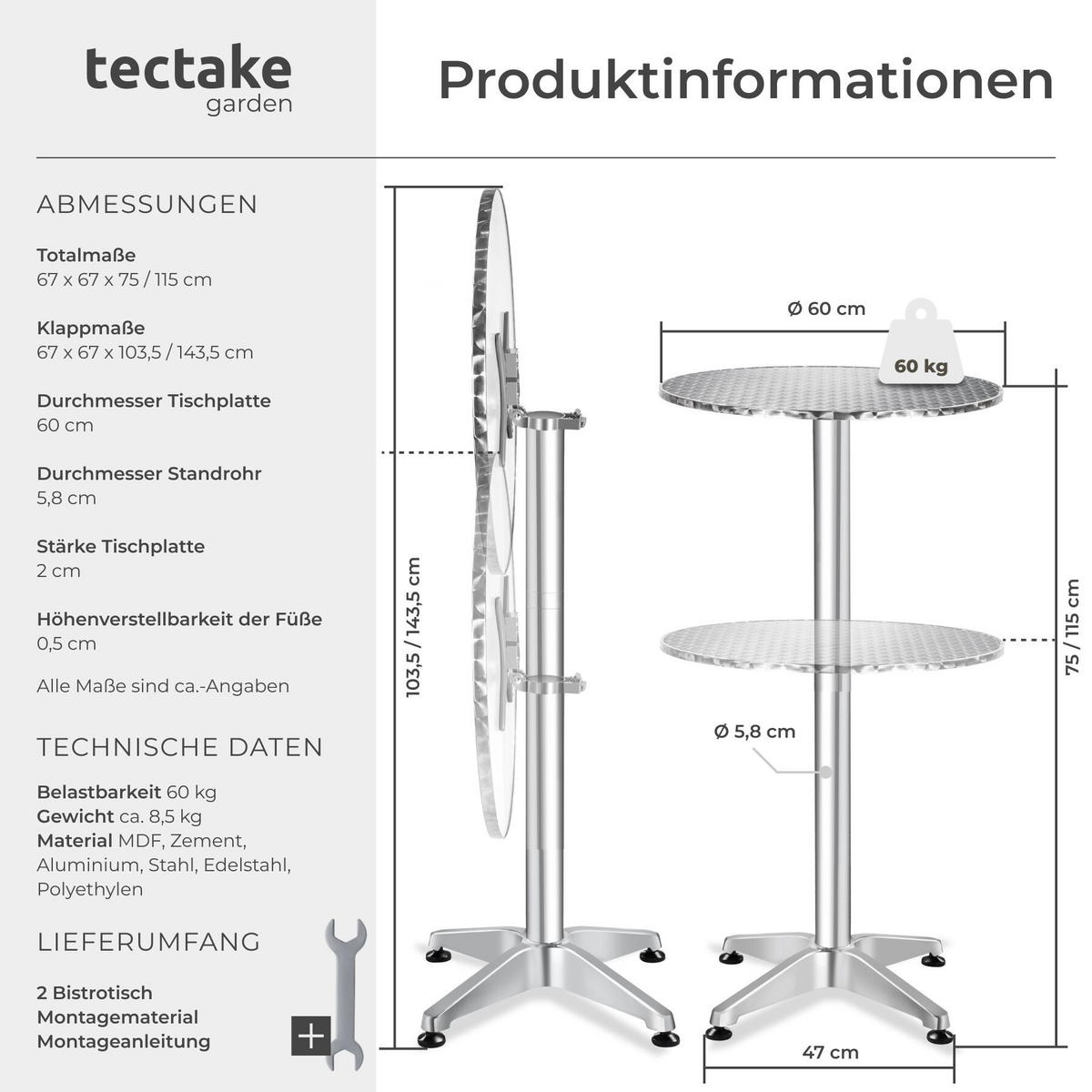 BISTROTISCH aus Aluminium Viktor, höhenverstellbare Kunststofffüße, silber - Silberfarben, Holz (67/67/115cm) - tectake
