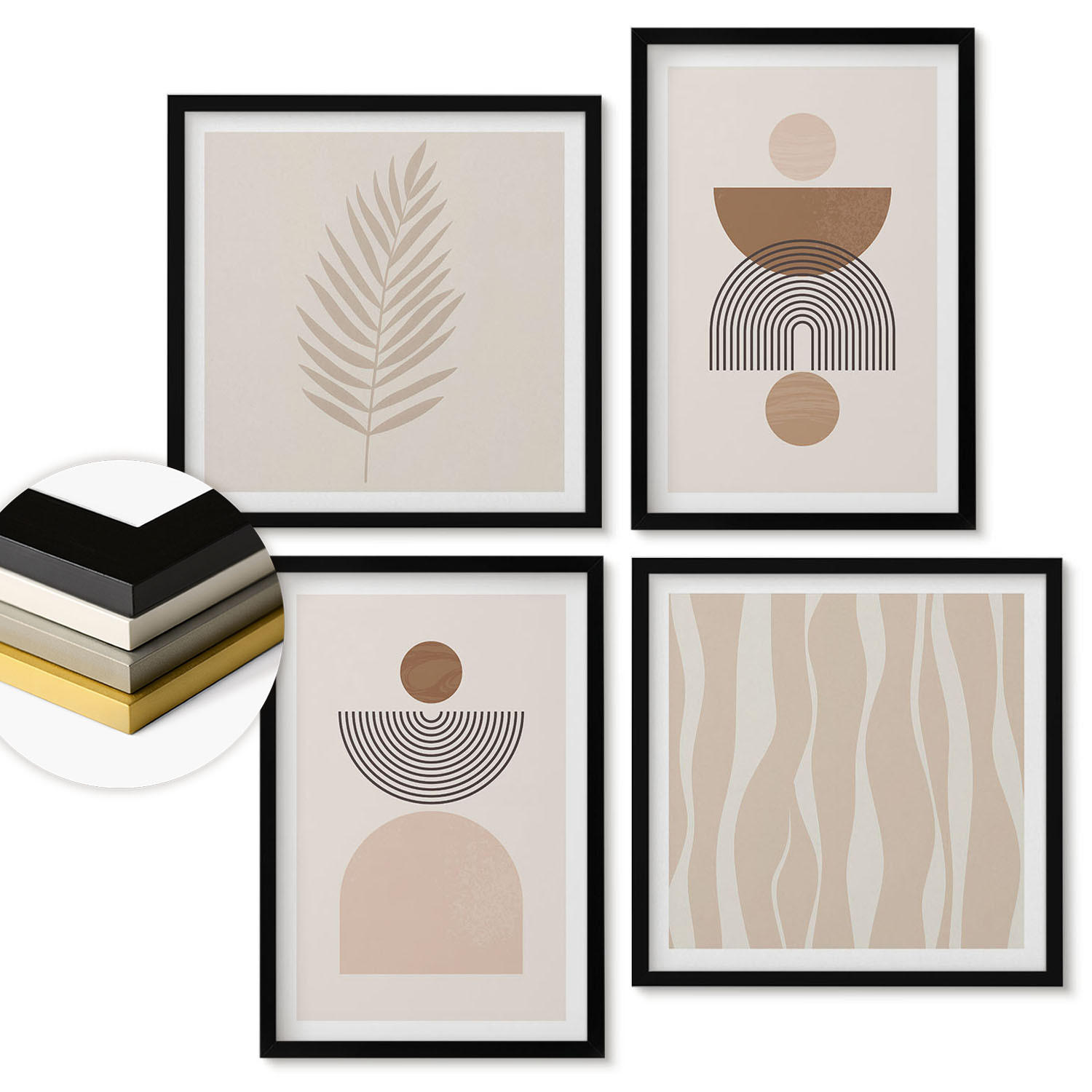WANDBILDER 4er-Set - 50x50 cm & 40x60 cm Schwarzer Rahmen - Abstrakte Formen braun beige - Schwarz, Kunststoff (50/50cm) - ArtPrintCave