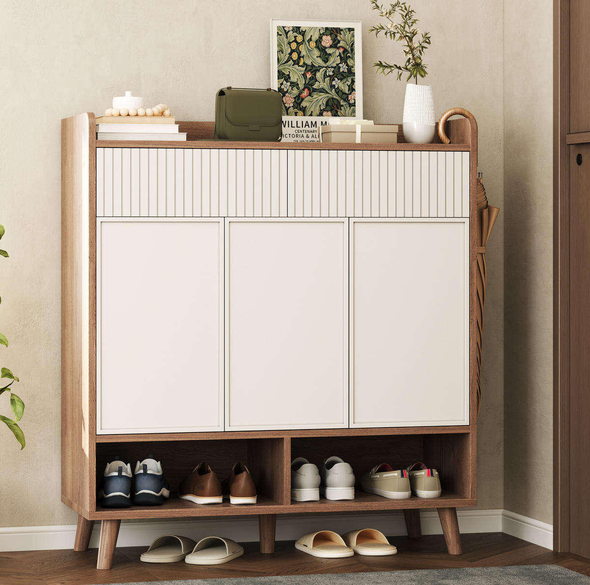 SCHUHSCHRANK mit 3 Türen 2 Schubladen 90 x 35 x 100 cm Weiß/Natural - Weiß, Holzwerkstoff (35/100/90cm) - Beauniv
