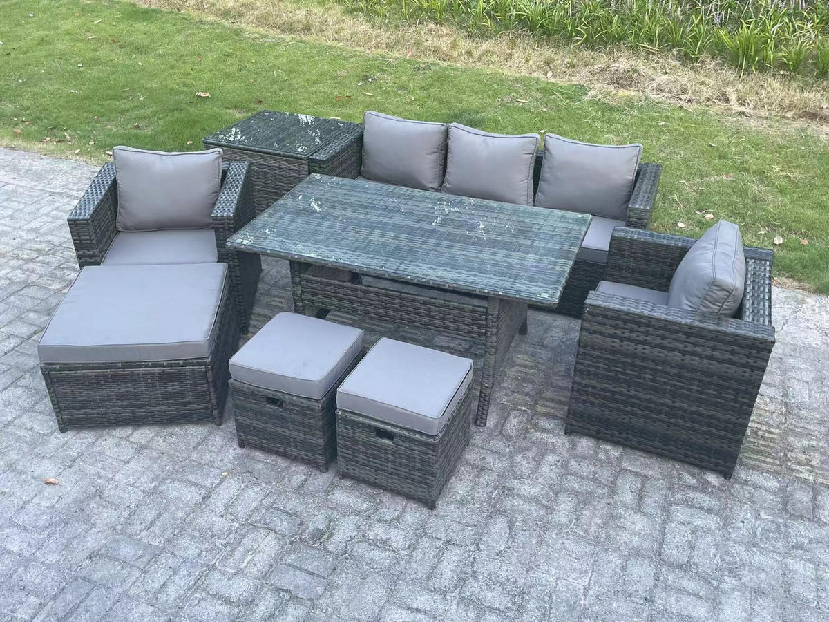 LOUNGEGARNITUR mit Stuhl,Beistelltisch Polyrattan Dunkelgrau 8-Sitzer - Dunkelgrau/Grau, Glas/Kunststoff - Fimous