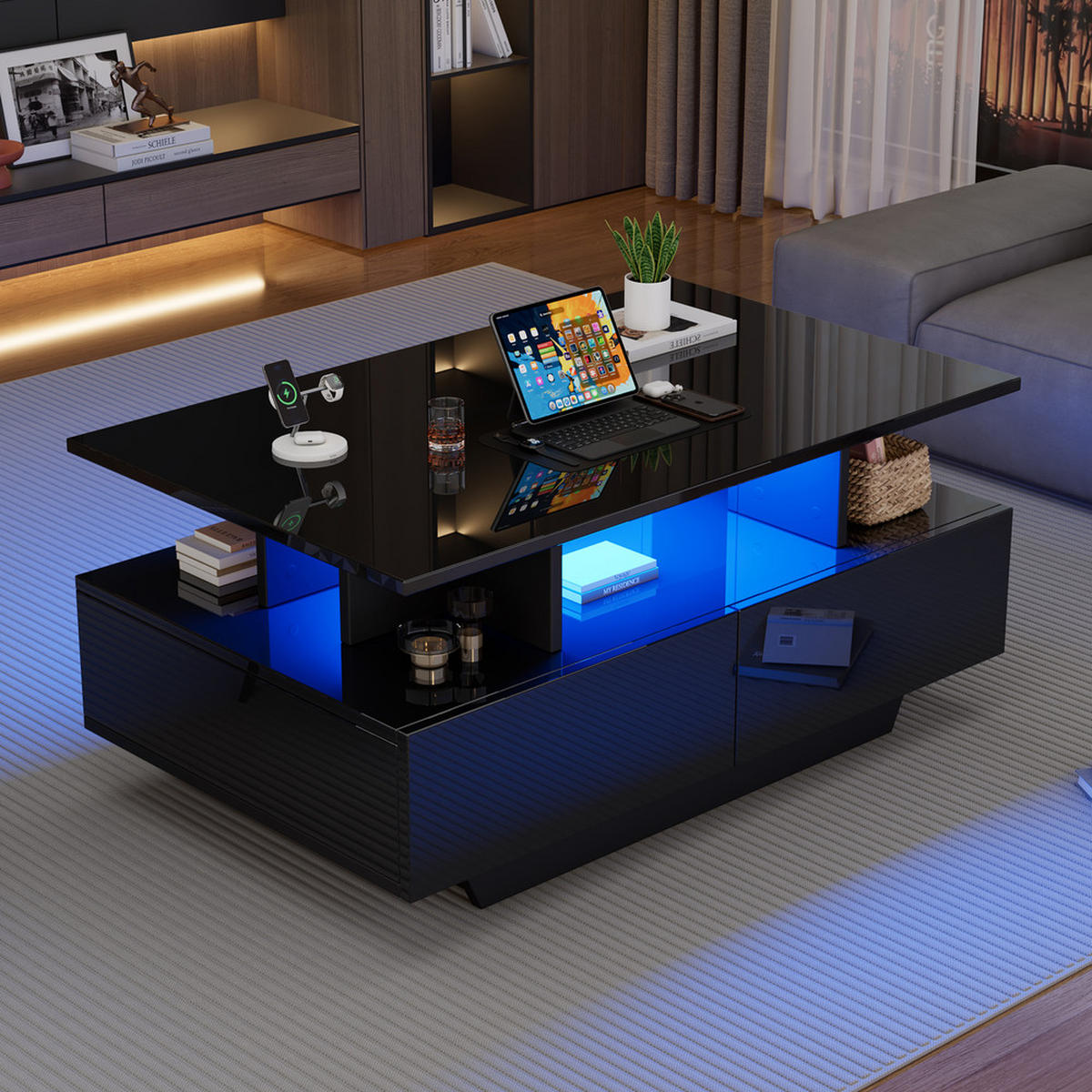 COUCHTISCH 90x55cm Schwarz Hochglanz LED 2 Schubladen Stauraum 30kg Belastbar - Schwarz, Holz (90/55/41cm) - FLIEKS